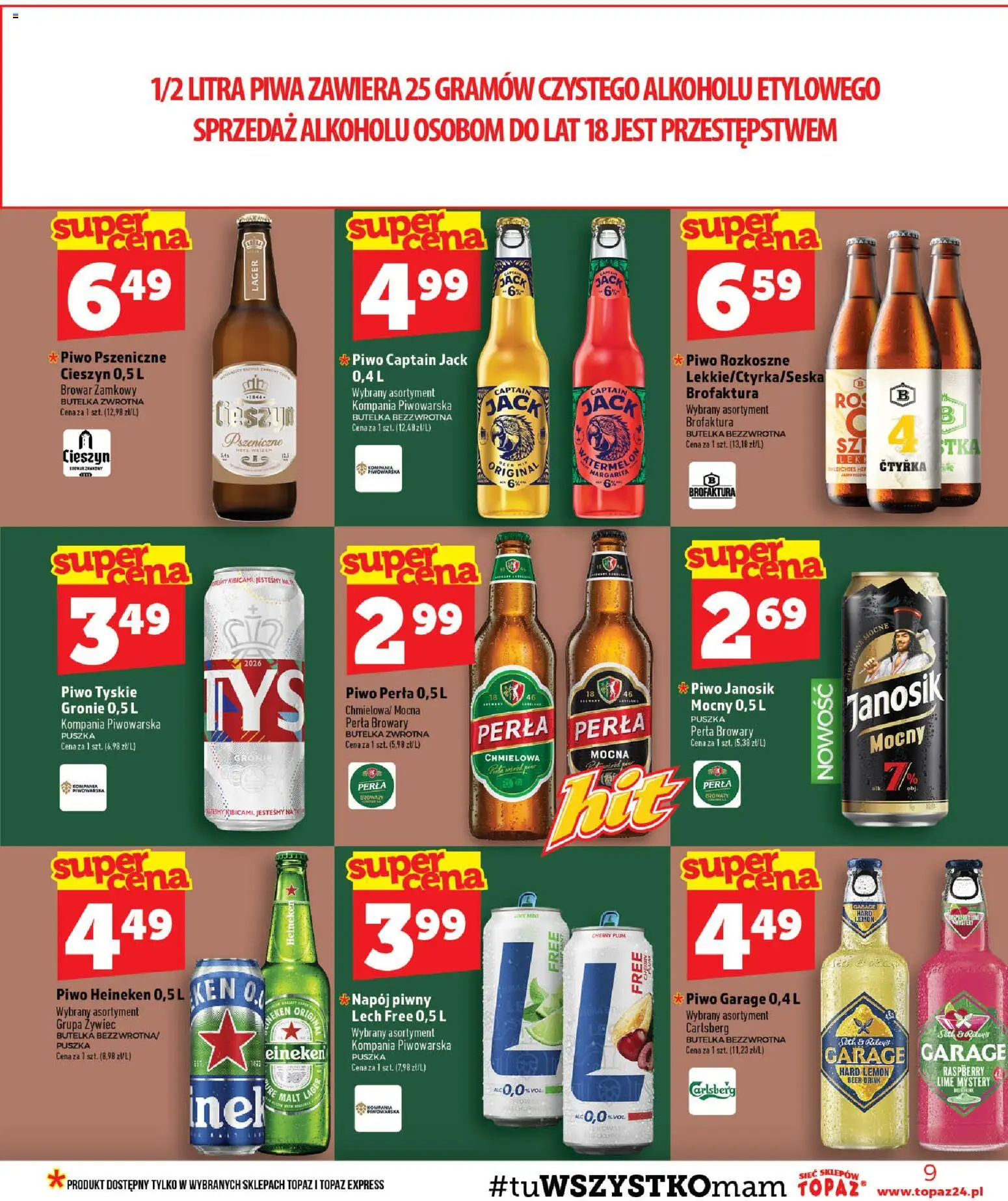 Topaz gazetka od 23.07.2026 | Strona: 9 | Produkty: Piwo perła, Tyskie, Piwo, Heineken
