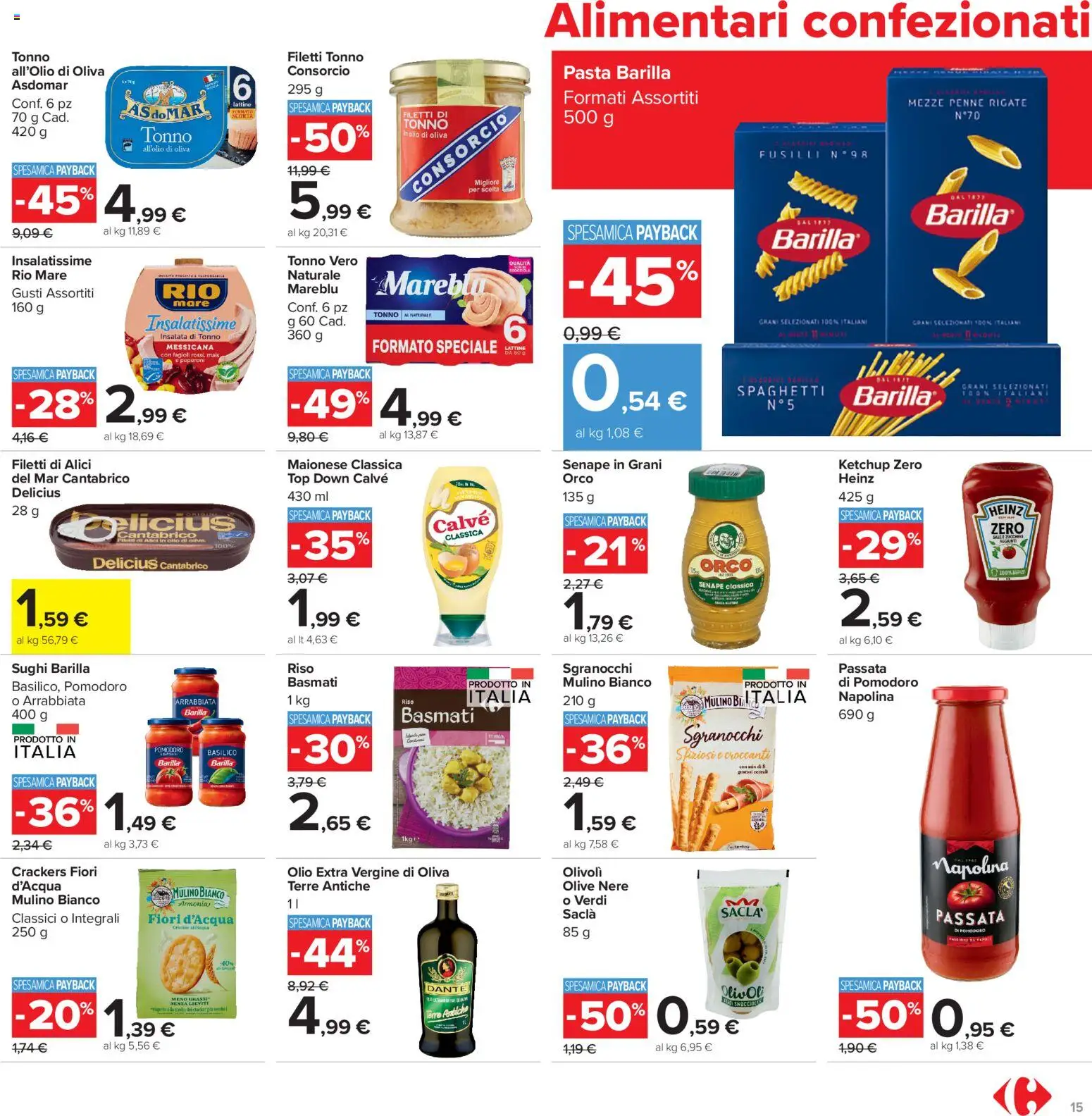 Volantino Carrefour del 06/08/2026 | Pagina: 15 | Prodotti: Pasta, Tonno al naturale, Penne, Alici