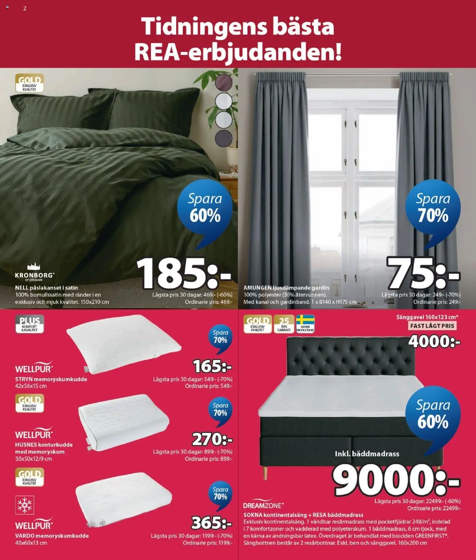 JYSK reklamblad aktuell från 29/06/2026 | Sida: 2 | Produkter: Bäddmadrass, Resårmadrass, Påslakanset, Gardin
