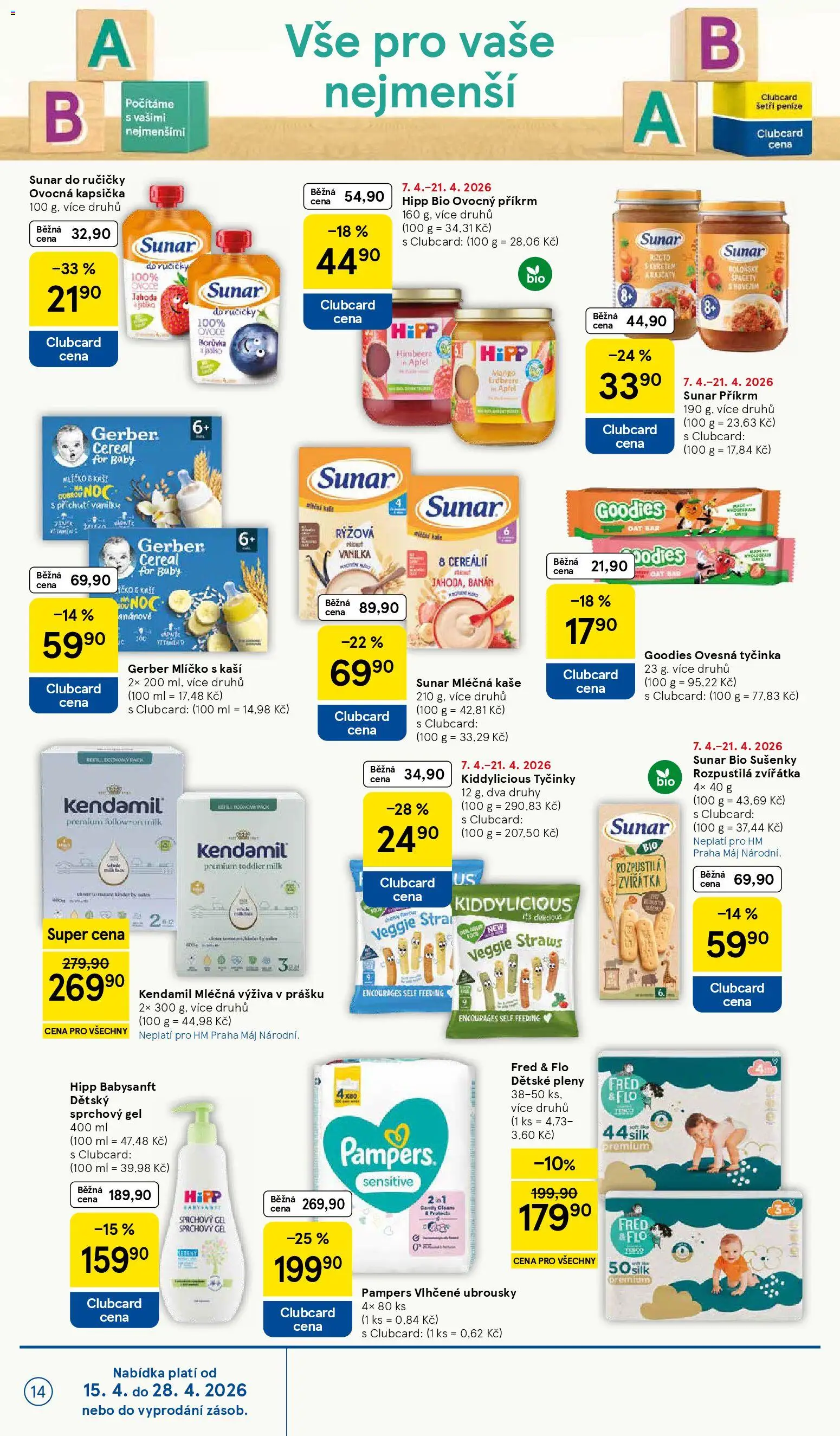 Tesco leták - Hypermarket od 15.04.2026 | Strana: 14 | Produkty: Tyčinky, Ovocná kapsička, Pleny Fred & Flo, Mléčná výživa