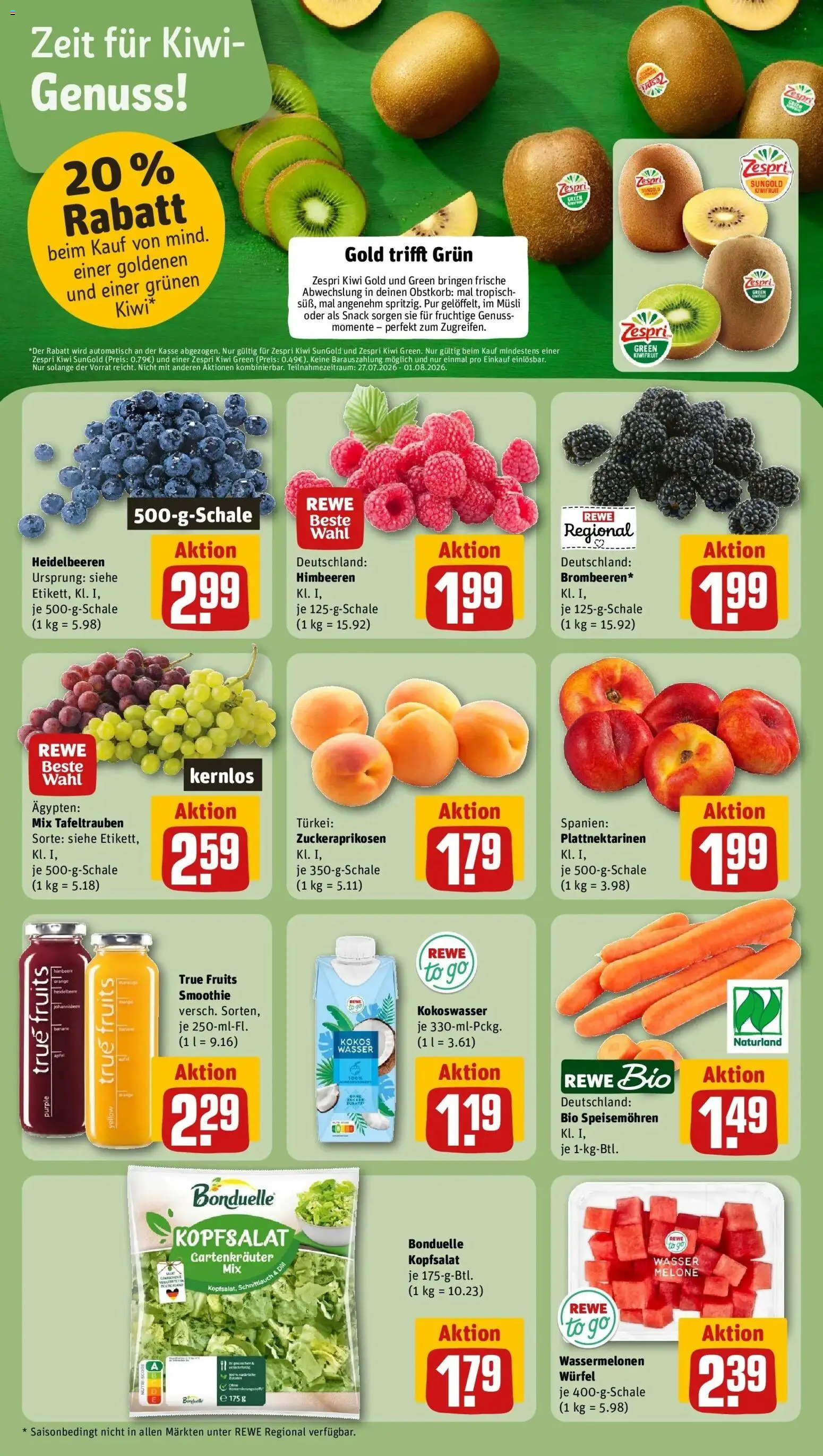 Rewe Prospekt Illerkirchberg – gültig ab 27.07.2026 | Seite: 4 | Produkte: Himbeeren, Heidelbeeren, Melone, Kiwi