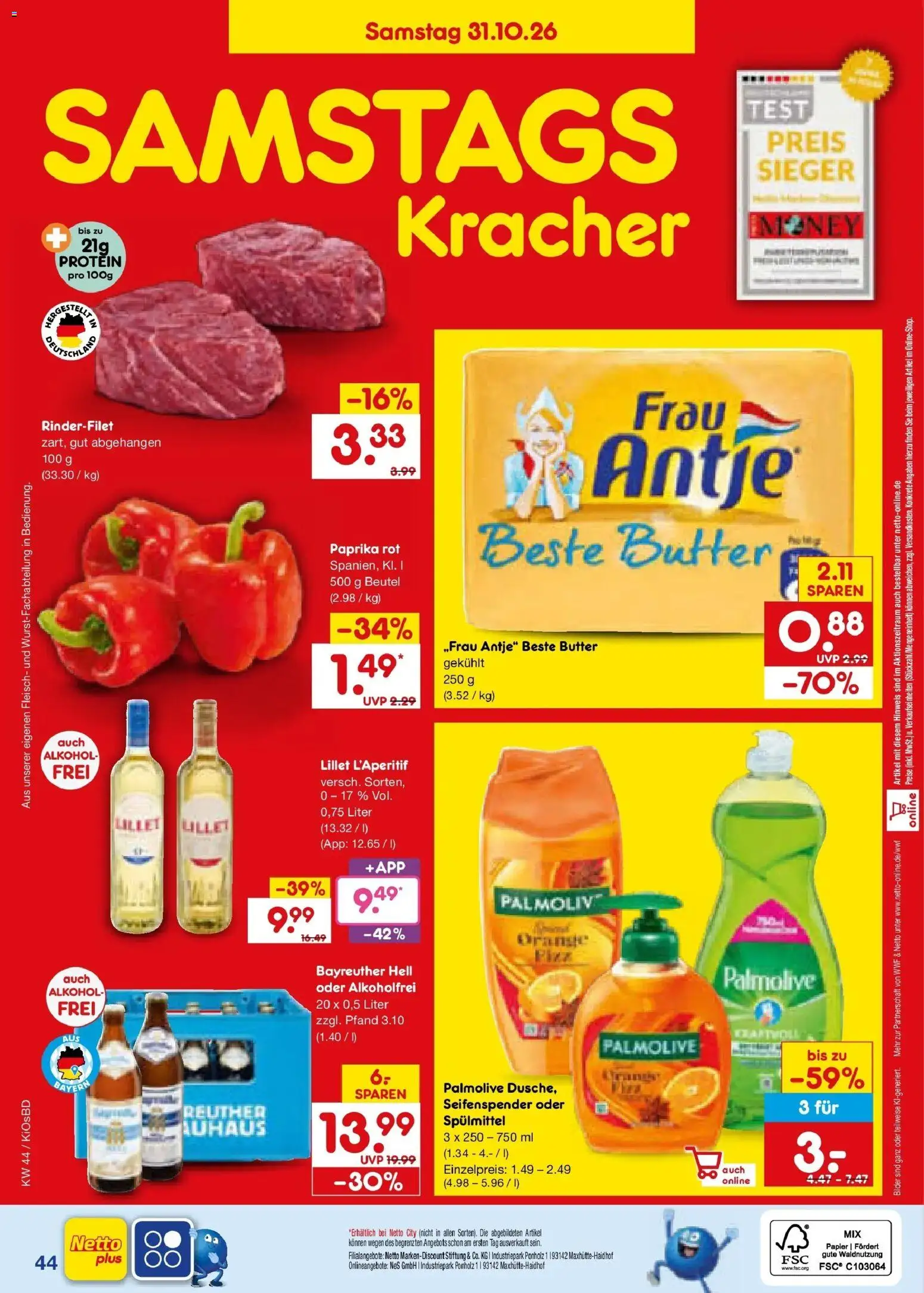 Netto Marken-Discount Prospekt Mistelbach (ab 26.10.2026) » Angebote | Seite: 58 | Produkte: Bayreuther hell, Rinderfilet, Paprika rot, Fleisch