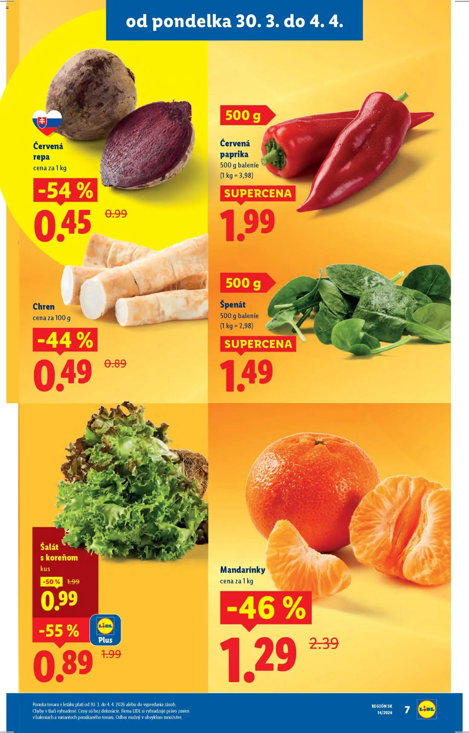 Nové Lidl akcie – leták je platný od 30.03.2026 | Strana: 7 | Produkty: Paprika, Mandarinky, Červená paprika, Červená repa