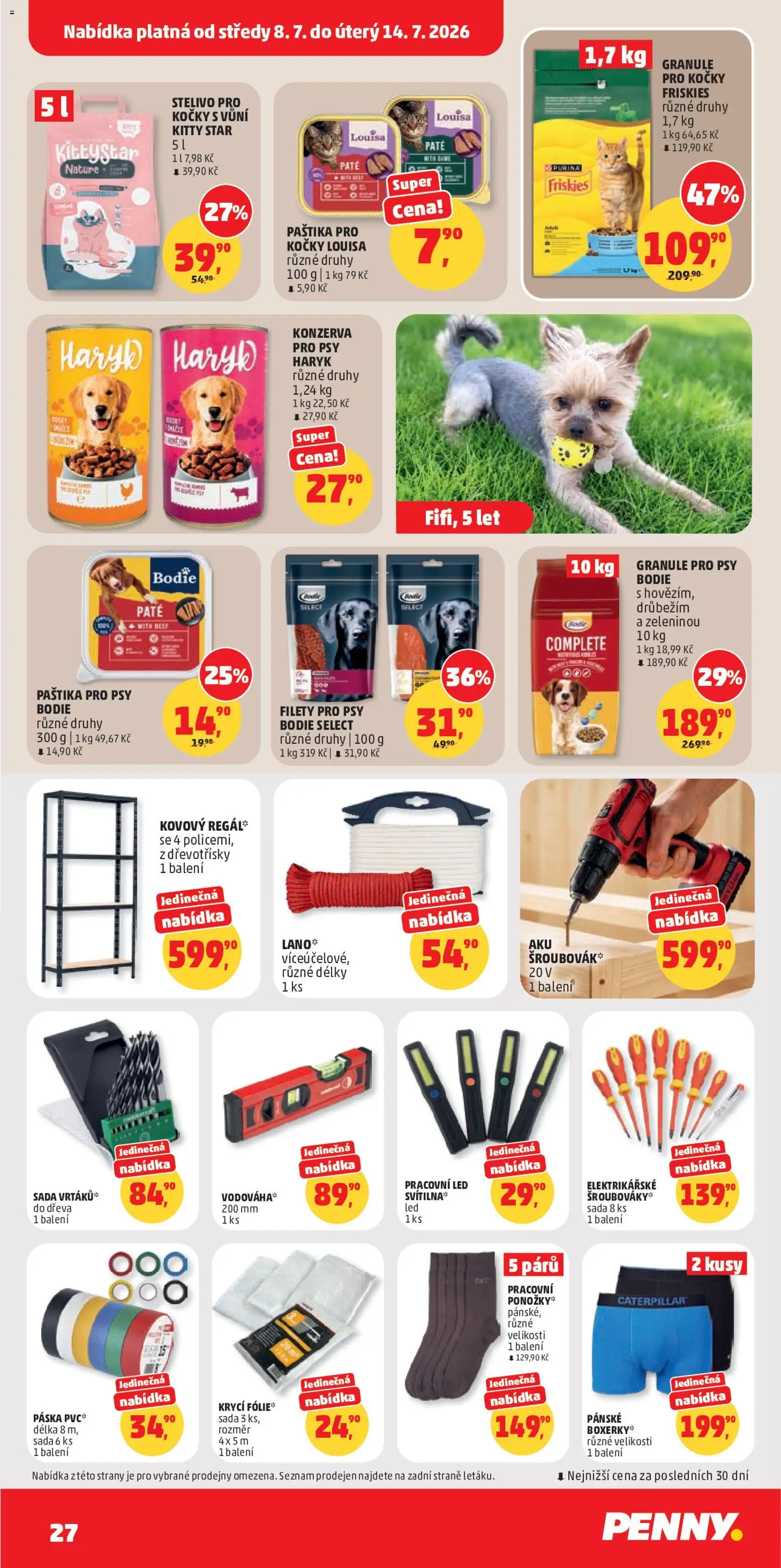 Penny Market leták od 08.07.2026 | Strana: 27 | Produkty: Granule pro kočky, Stelivo, Konzerva pro psy, LED