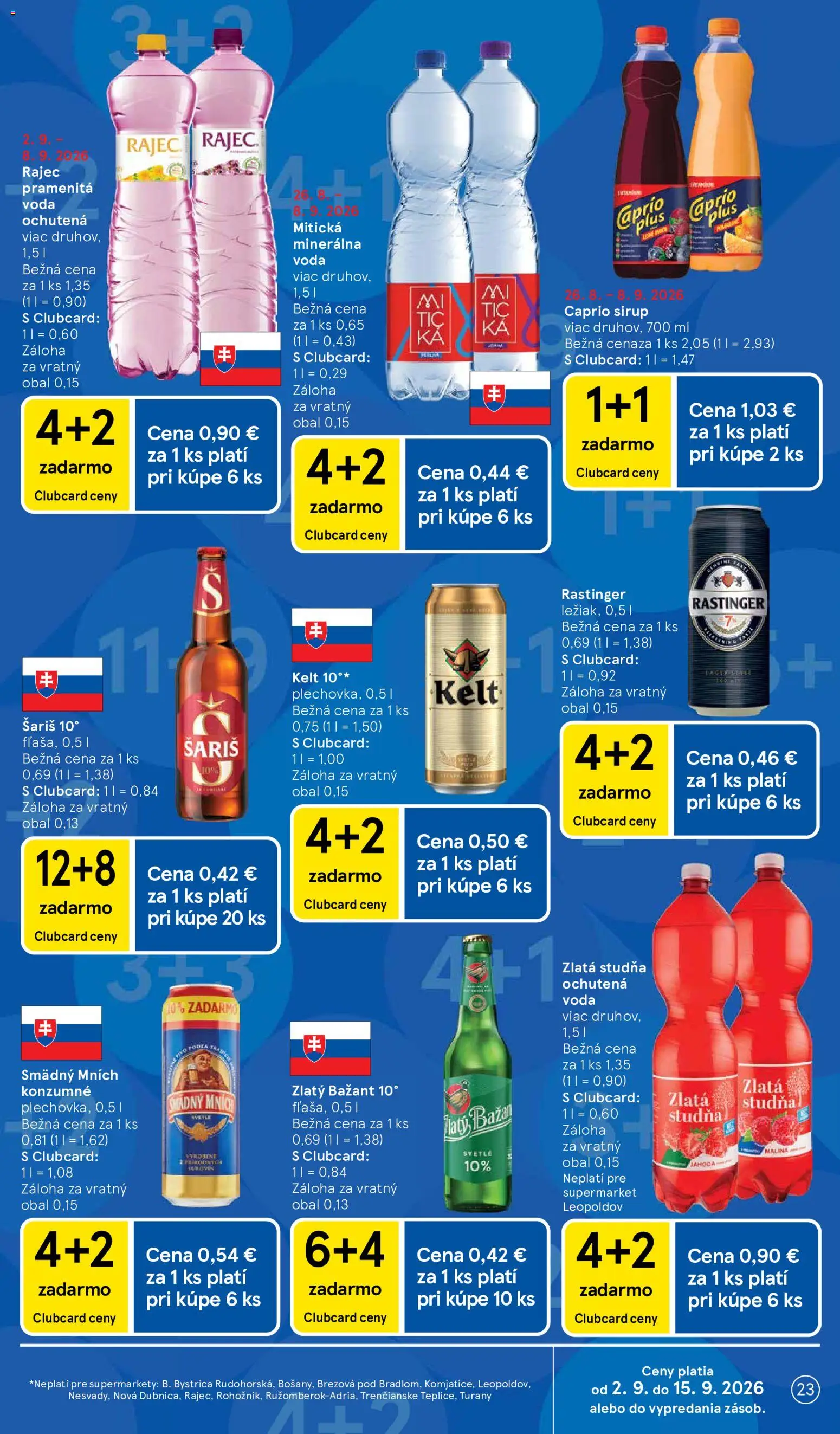Nové Tesco akcie – leták je platný od 02.09.2026 | Strana: 23 | Produkty: Kelt, Sirup, Pramenitá voda, Zlatý Bažant