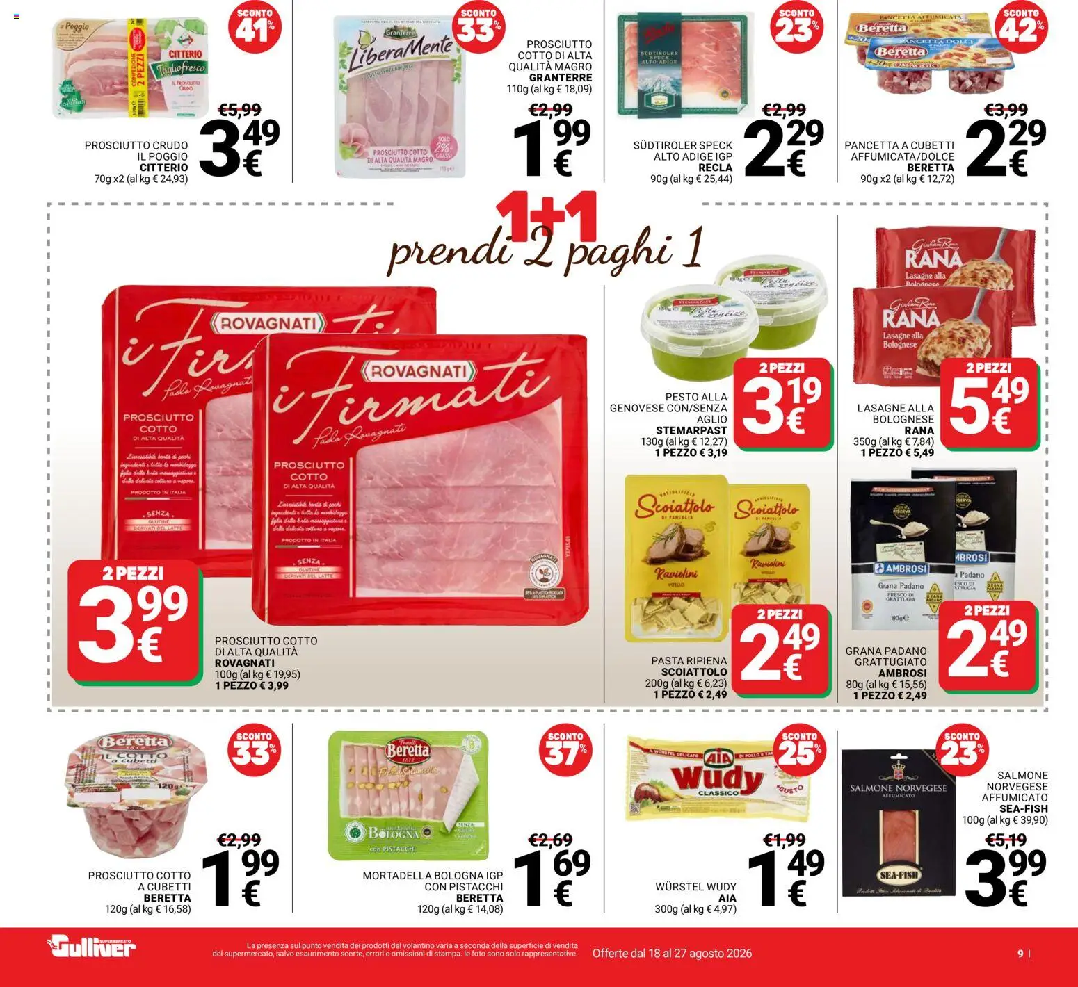 Volantino Gulliver del 18/08/2026 | Pagina: 9 | Prodotti: Speck, Prosciutto Cotto, Salmone, Aglio