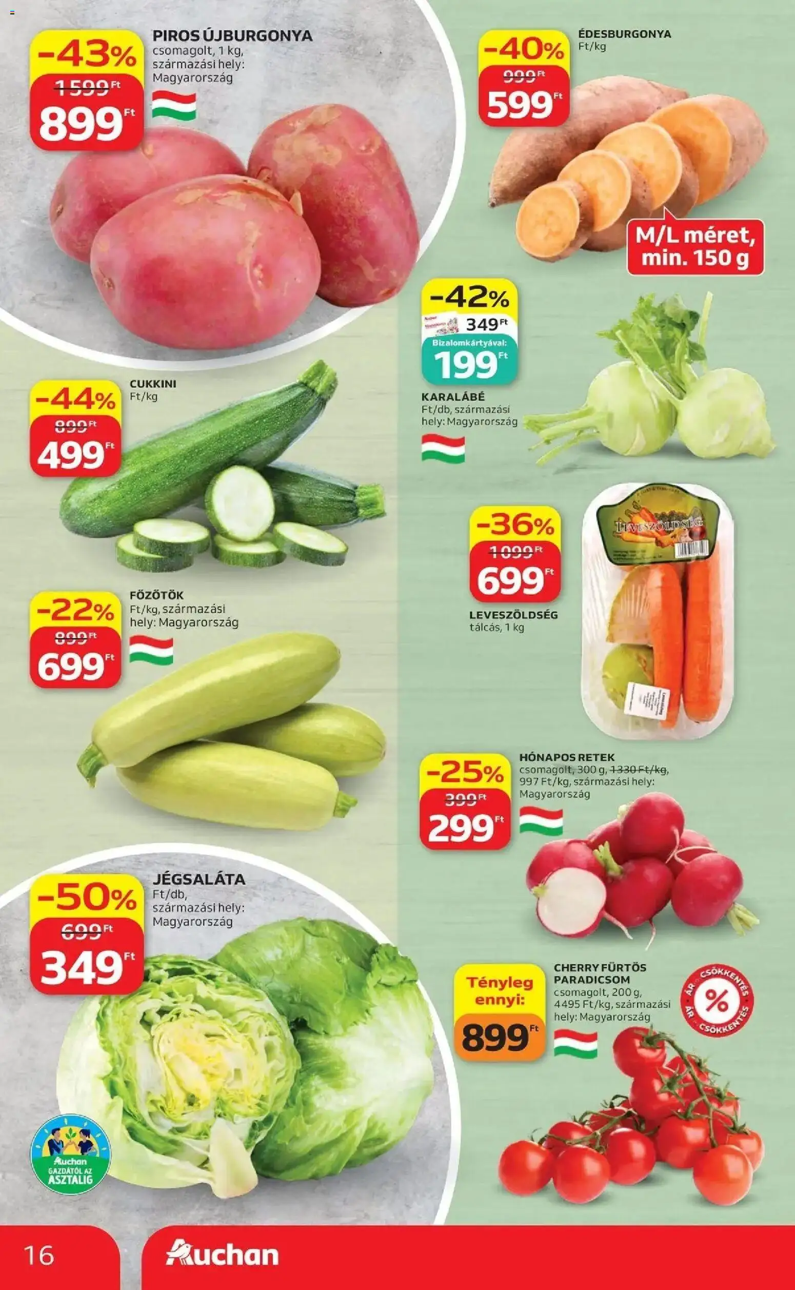 Auchan akciós ujság - amely érvényes a következő dátumtól: 14.05.2026 | Oldal: 16 | Termékek: Cukkini, Édesburgonya, Retek, Paradicsom