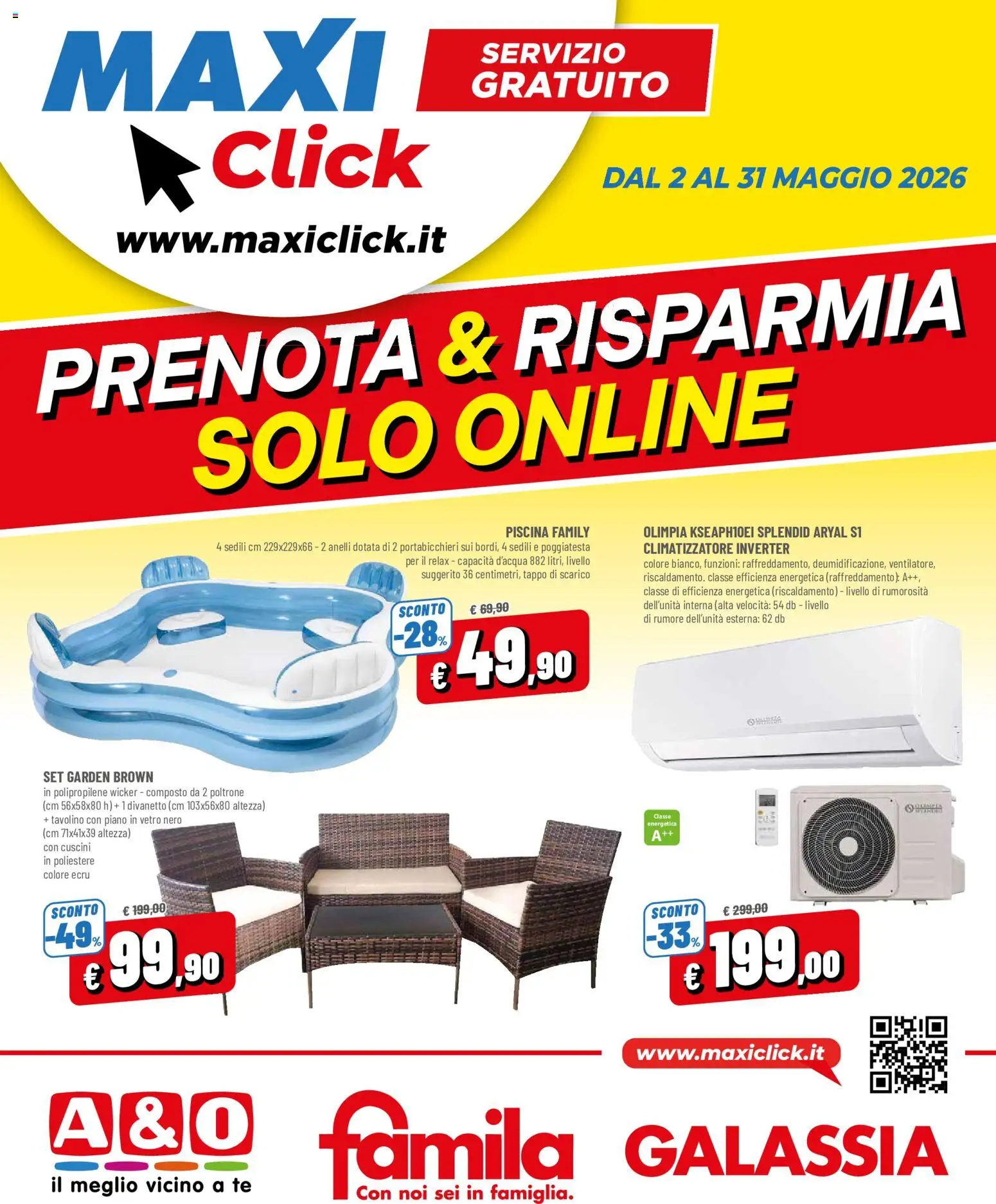 Volantino Galassia del 02.05.2026 | Pagina: 1 | Prodotti: Tavolino, Climatizzatore, Tè, Piscina
