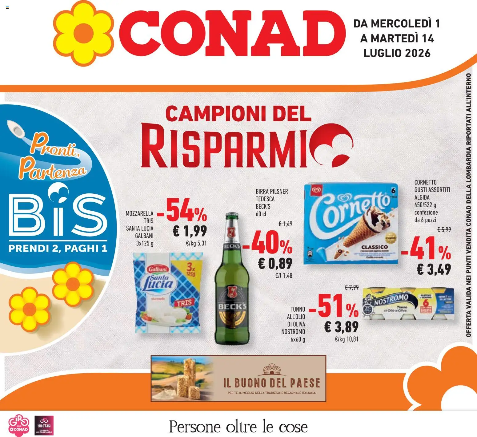 Volantino Conad del 01/07/2026 | Pagina: 1 | Prodotti: Birra, Cornetto, Mozzarella, Tonno