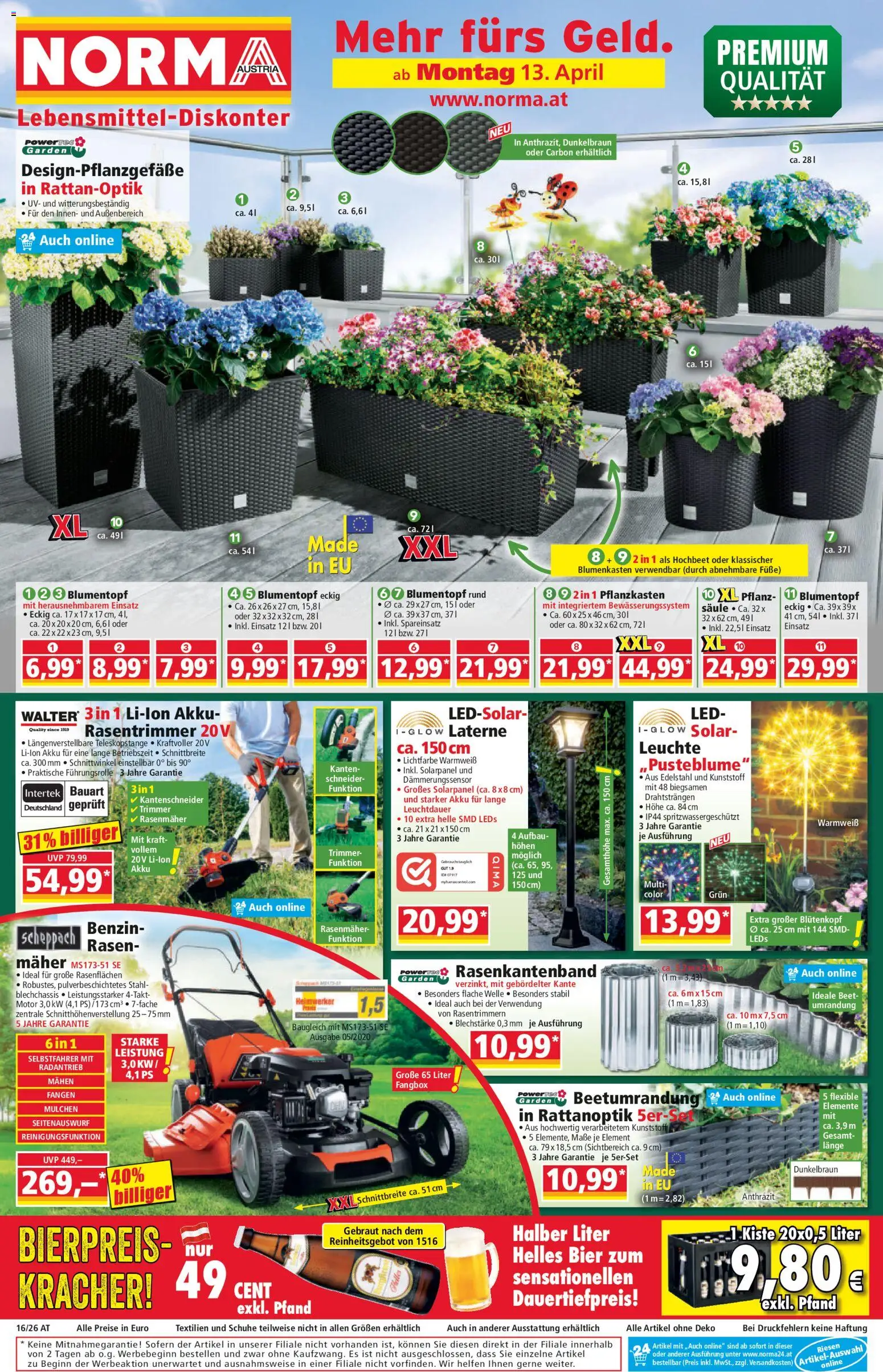 Norma Flugblatt gültig ab 13.04.2026 | Seite: 1 | Produkte: Rasenmäher, Blumentopf, Bier
