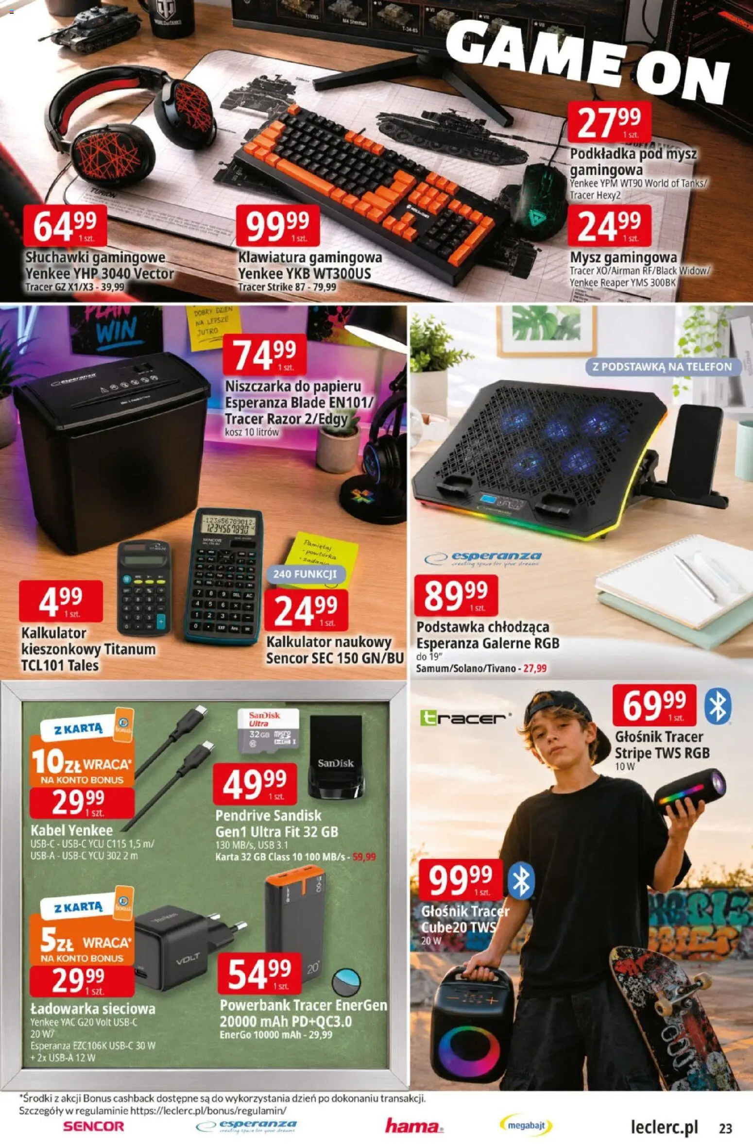 E.Leclerc gazetka od 11.08.2026 | Strona: 23 | Produkty: Klawiatura, Słuchawki, Niszczarka do papieru, Pendrive