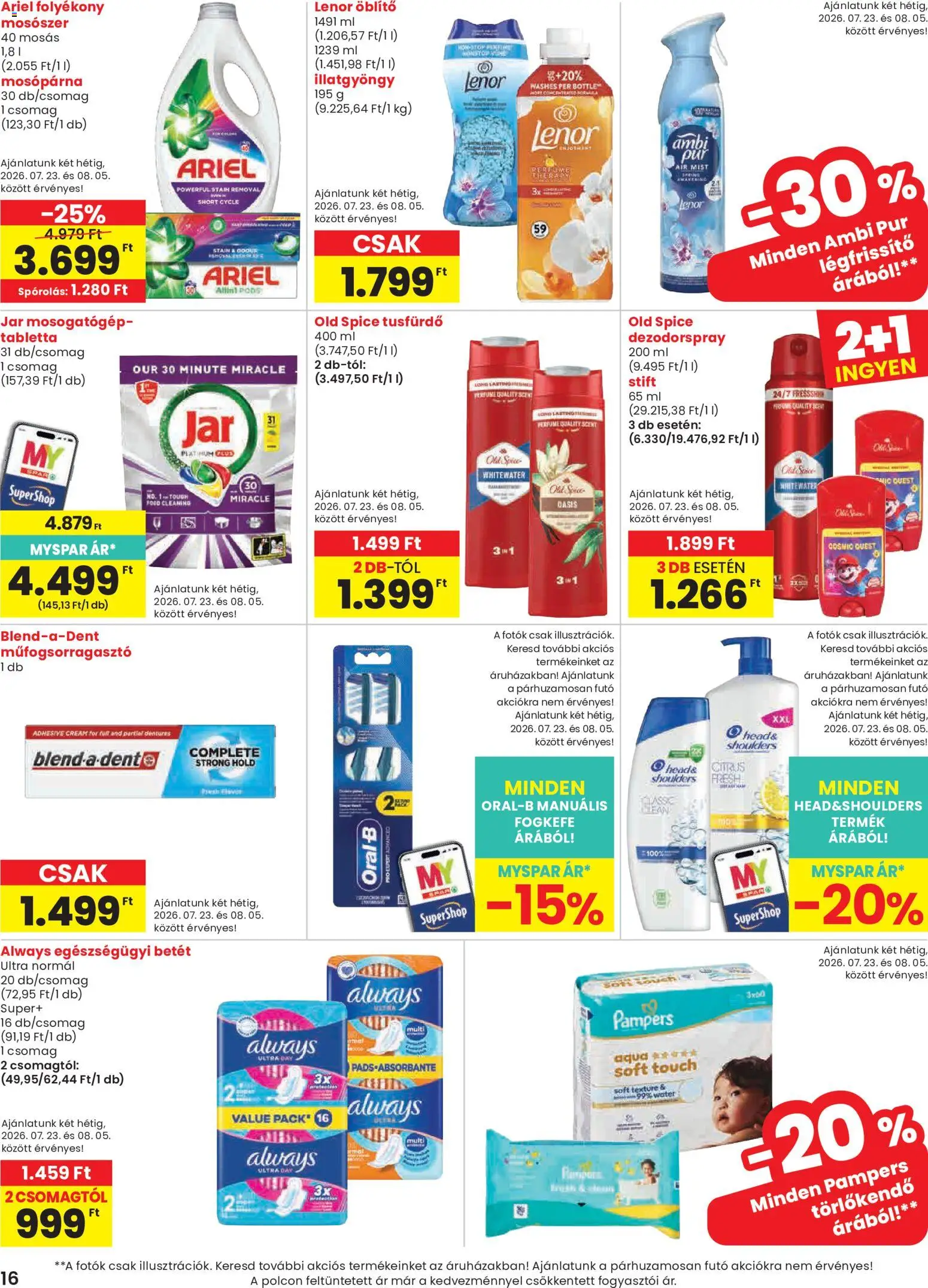 Spar akciós ujság - amely érvényes a következő dátumtól: 2026.07.23. | Oldal: 16 | Termékek: Old spice, Pampers, Mosogatógép, Stift