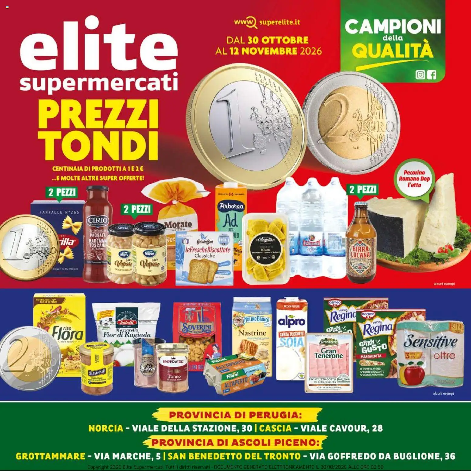 Volantino Elite Supermercati del 30/10/2026 | Pagina: 1 | Prodotti: Farfalle, Prosciutto, Ricotta, Miele
