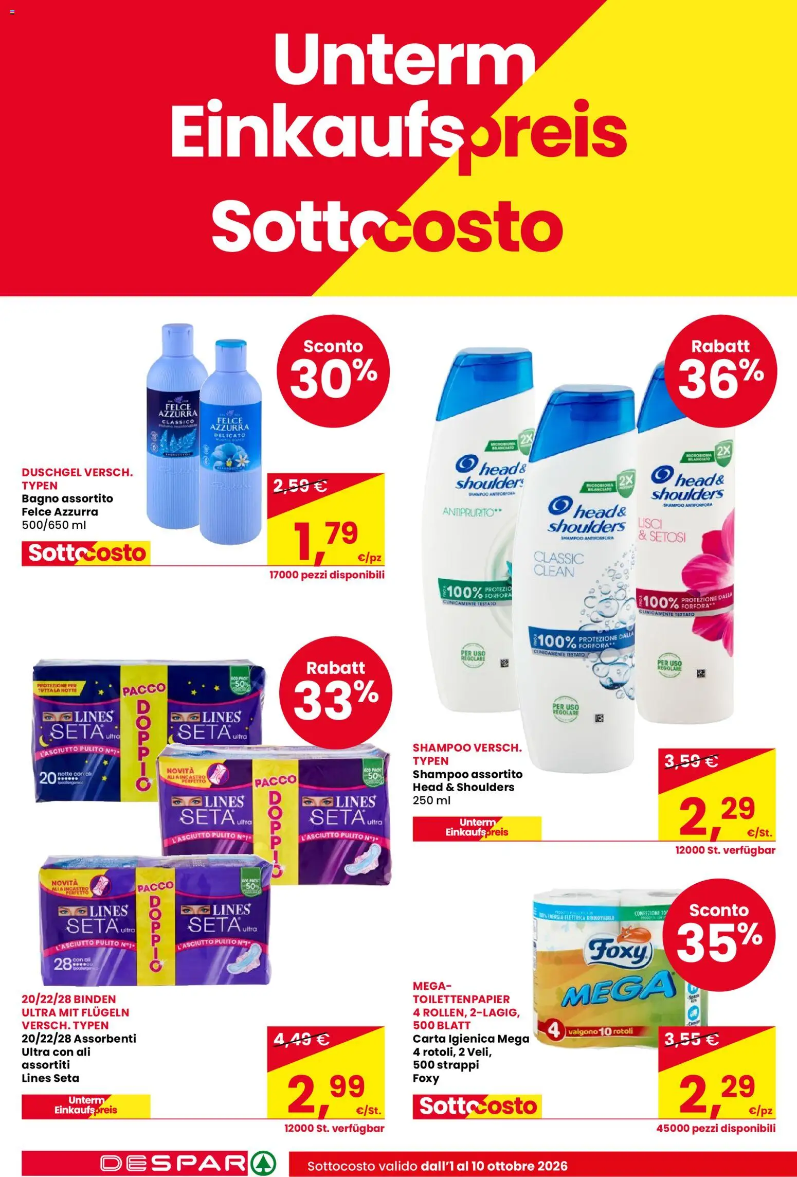 Volantino Despar del 01/10/2026 | Pagina: 6 | Prodotti: Head & Shoulders, Shampoo, Carta igienica, Assorbenti
