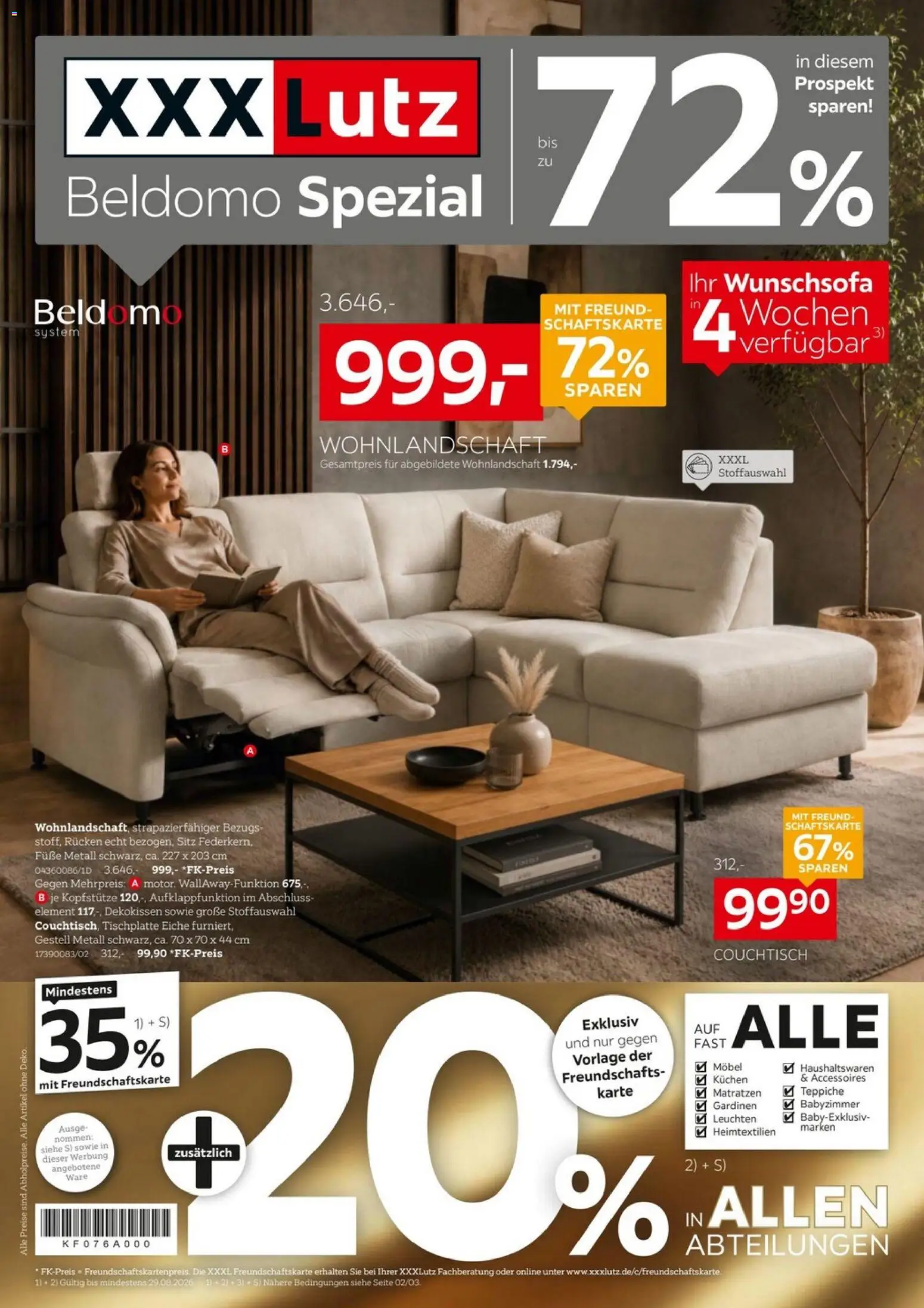 XXXLutz Beldomo Spezial – gültig ab 15.08.2026 | Seite: 1 | Produkte: Wohnlandschaft, Couchtisch, Kuchen