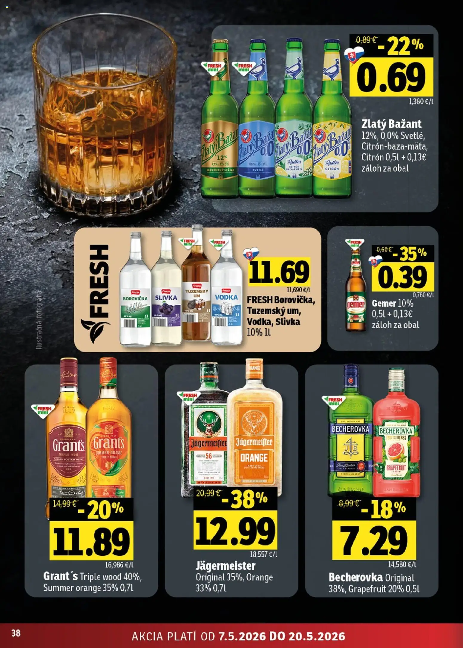 Nové Fresh akcie – leták je platný od 07.05.2026 | Strana: 38 | Produkty: Jägermeister, Becherovka, Borovička, Grapefruit