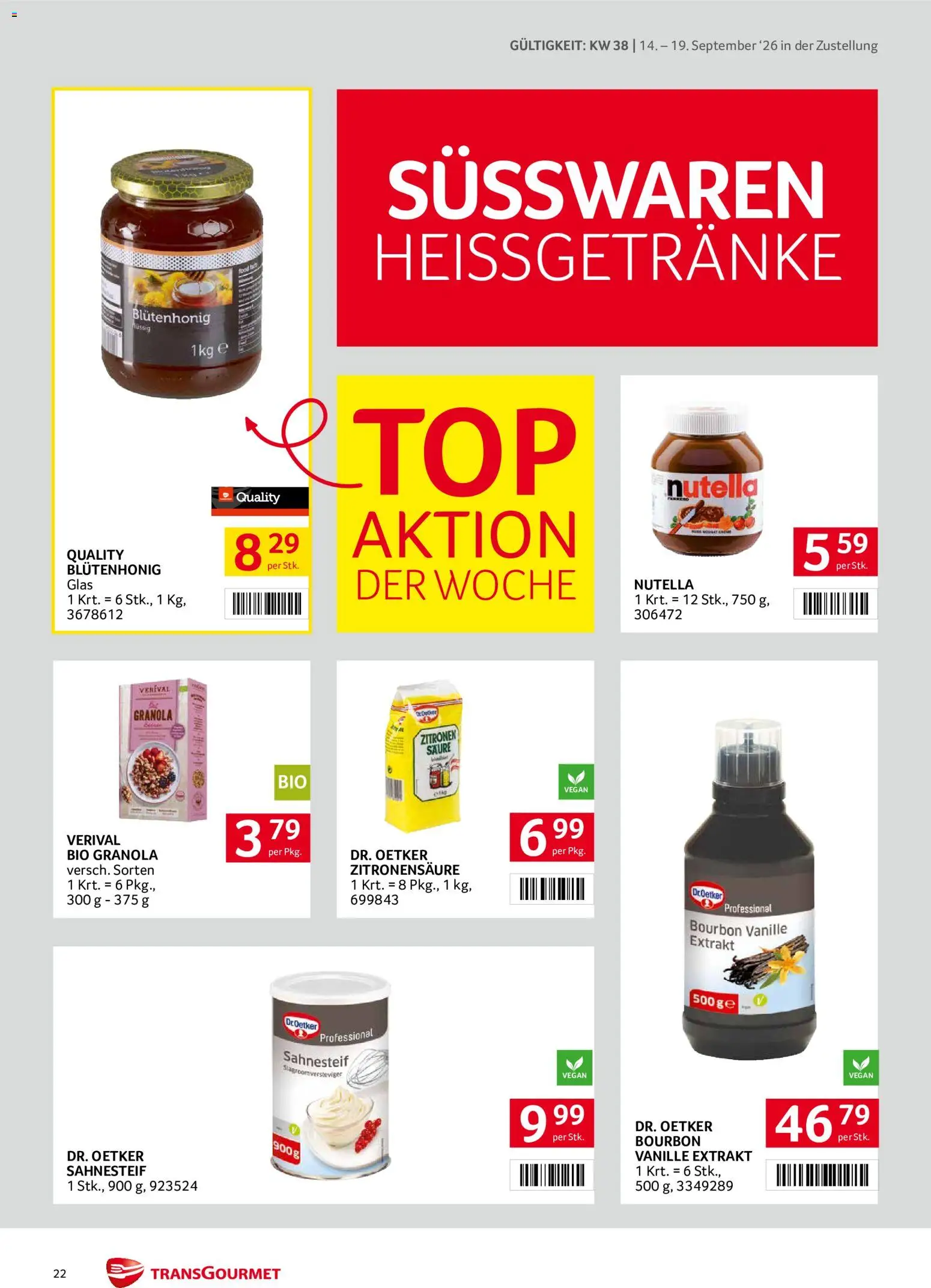 Transgourmet Zustellaktion gültig ab 14.09.2026 | Seite: 22 | Produkte: Nutella, Vanille, Süßwaren, Bourbon
