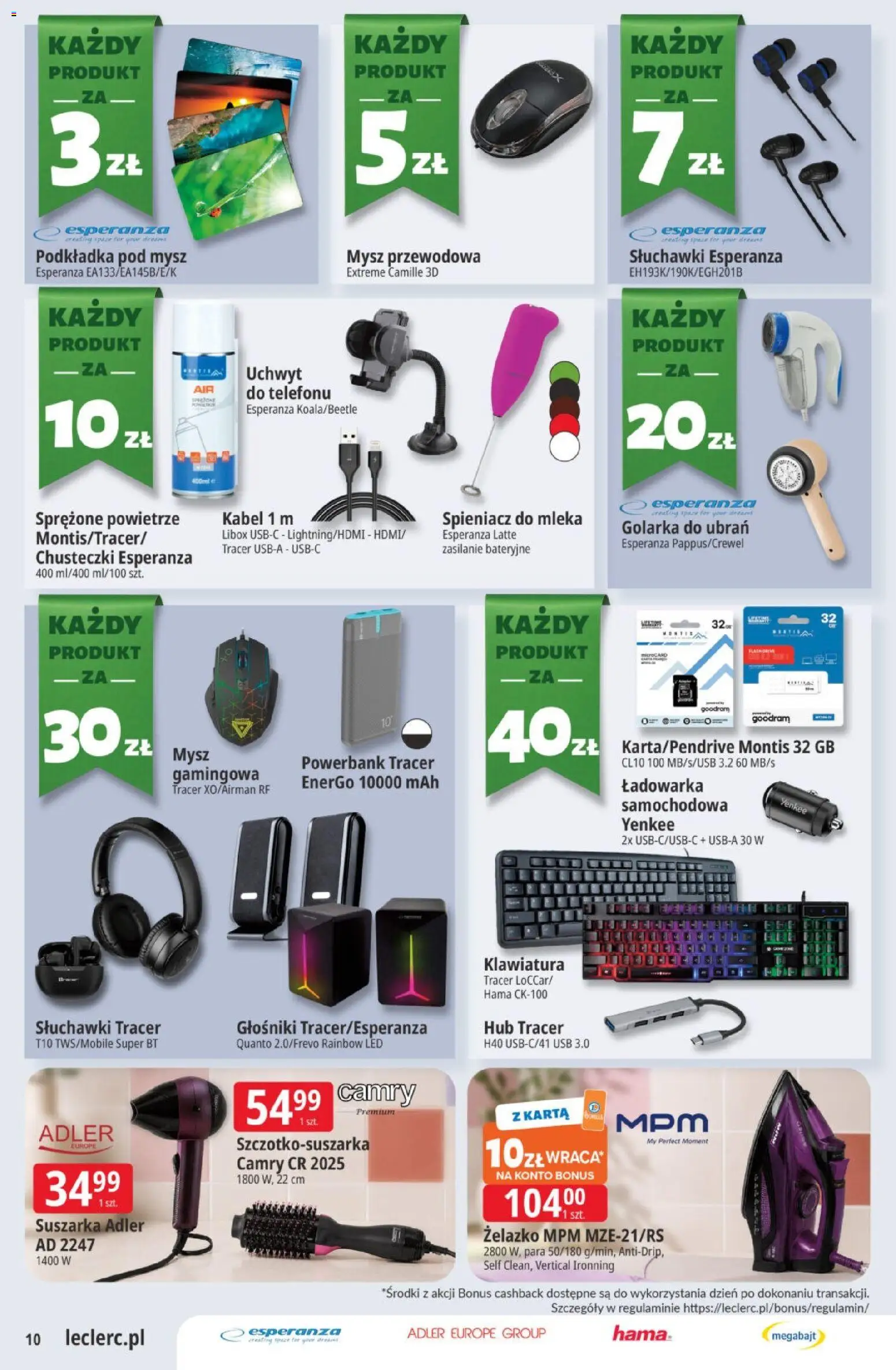 E.Leclerc gazetka od 30.06.2026 | Strona: 10 | Produkty: Słuchawki, Kabel, Suszarka, Podkładka pod mysz