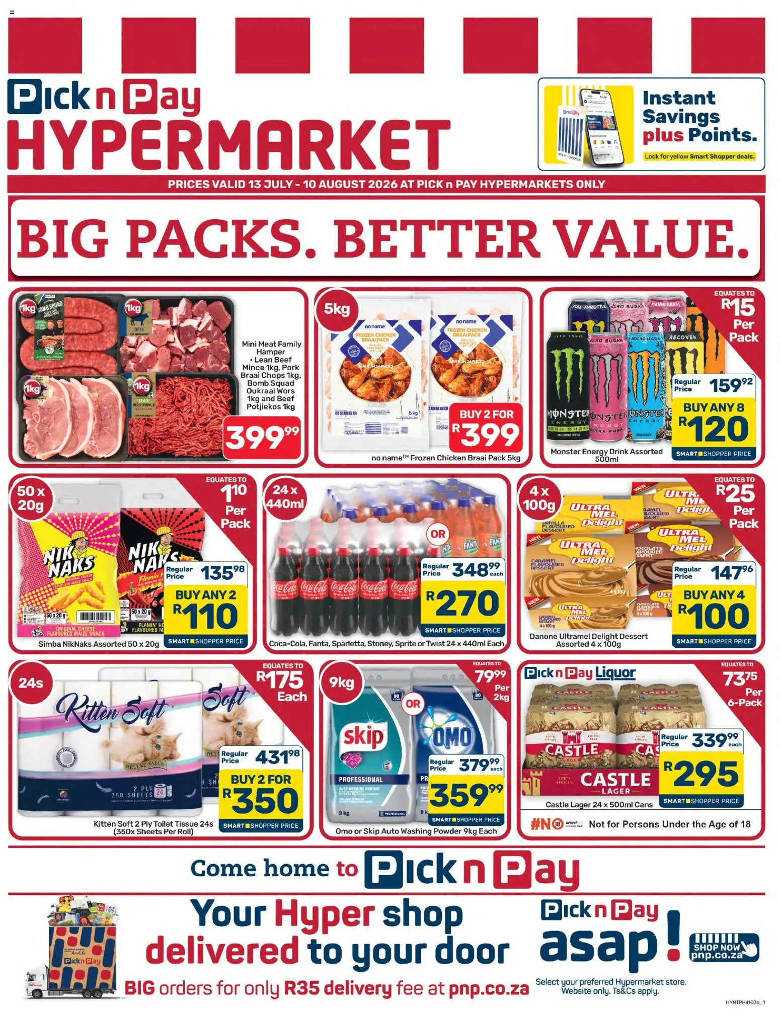 New Pick n Pay catalogue – valid from 13/07/2026 | Page: 1 | Products: Pork, Beef, Sprite, Washing powder