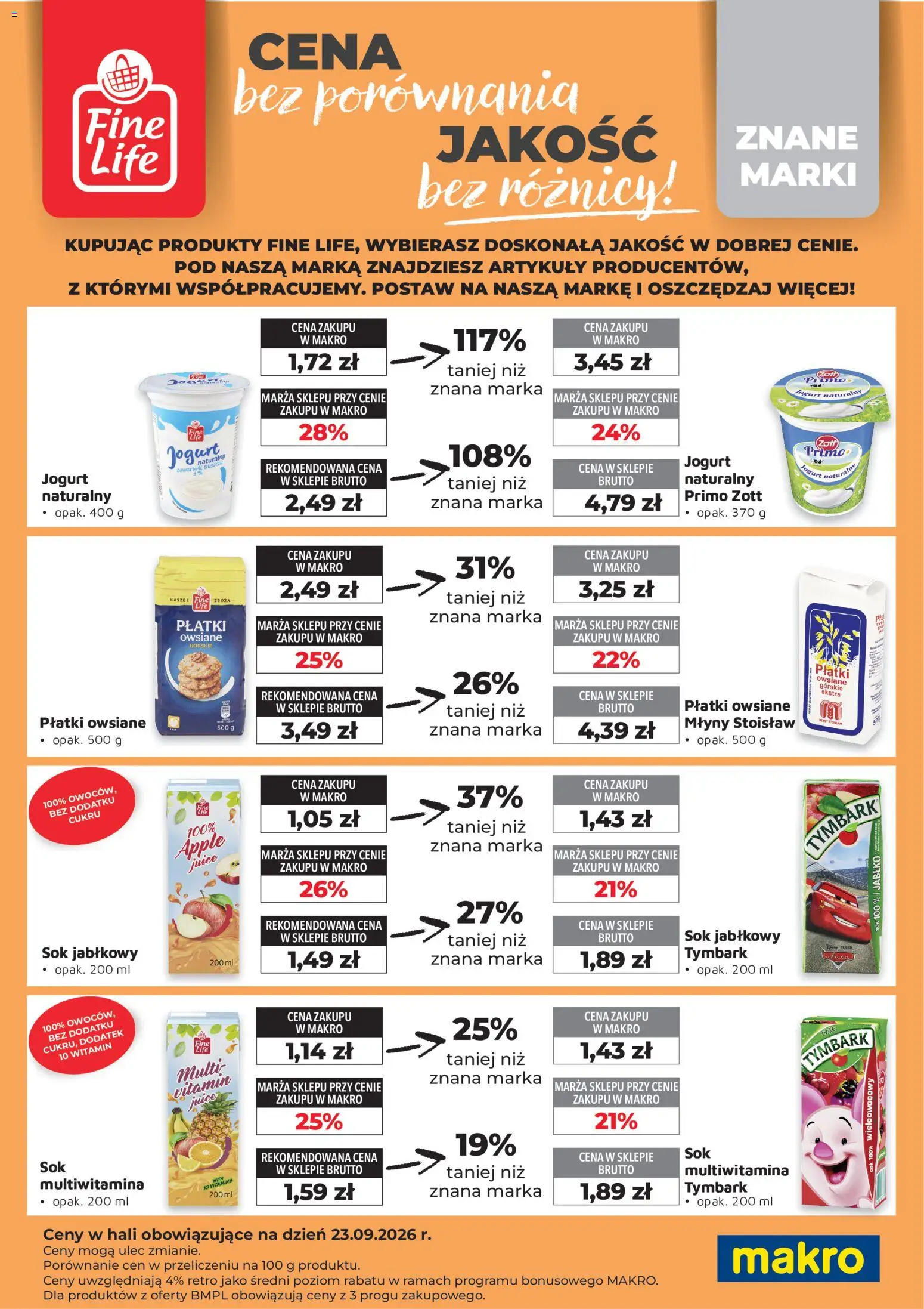 Makro gazetka - Fine Life od 01.10.2026 | Strona: 1 | Produkty: Płatki owsiane, Jogurt naturalny, Sok, Płatki