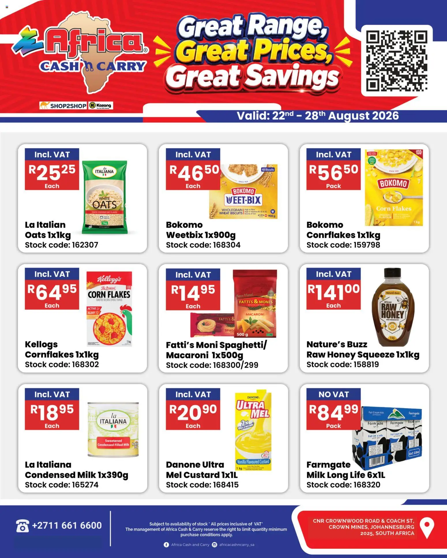 New Africa Cash & Carry catalogue – valid from 22/08/2026 | Page: 2 | Products: Custard, Milk, Biscuits, Cream