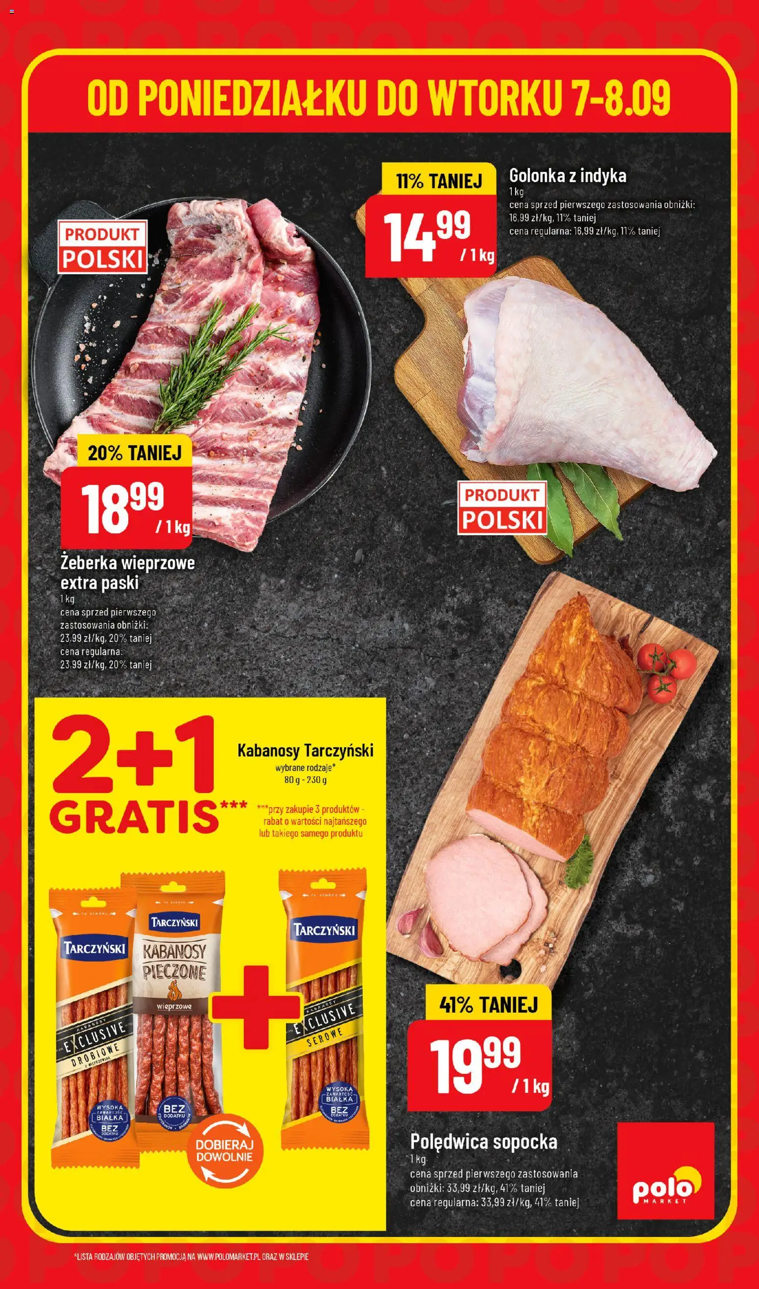 Nowa POLOmarket gazetka od jutra 07.09.2026 | Strona: 3 | Produkty: Kabanosy Tarczyński, Golonka, Żeberka, Polędwica sopocka