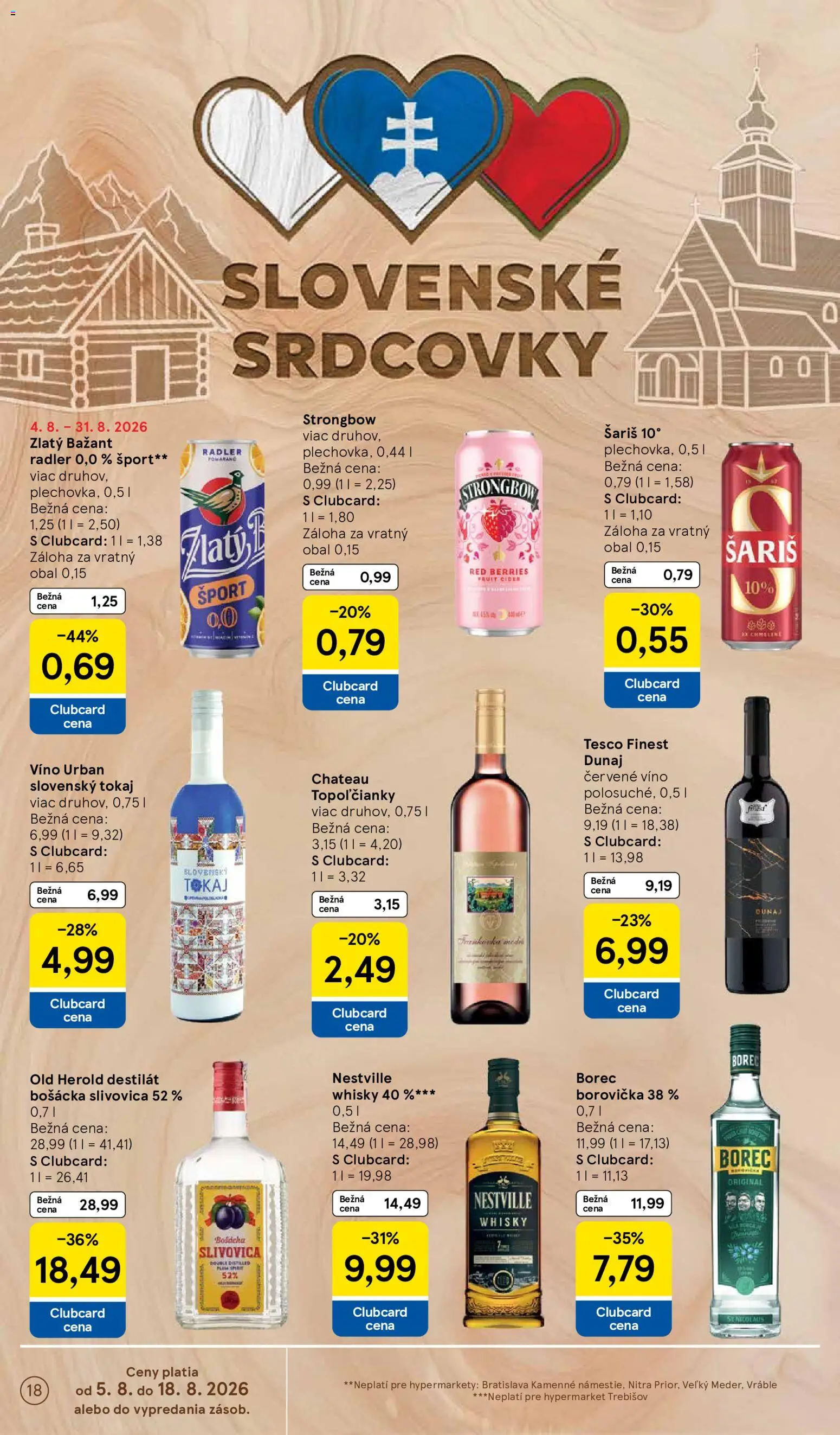 Nové Tesco akcie – leták je platný od 05.08.2026 | Strana: 18 | Produkty: Víno, Bošácka slivovica, Radler, Červené víno