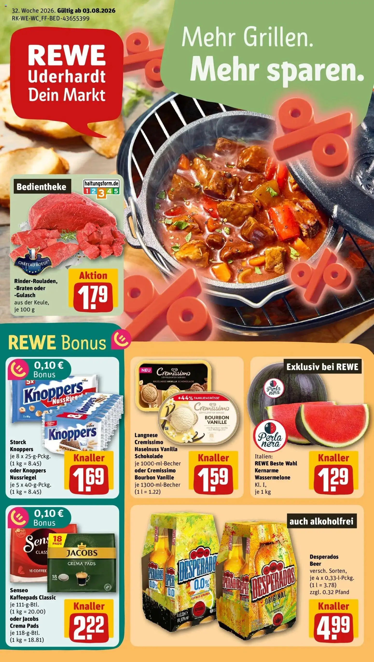 REWE Prospekt ab 03.08.2026 zum Blättern » Angebote | Seite: 1 | Produkte: Senseo, Cremissimo, Desperados, Knoppers