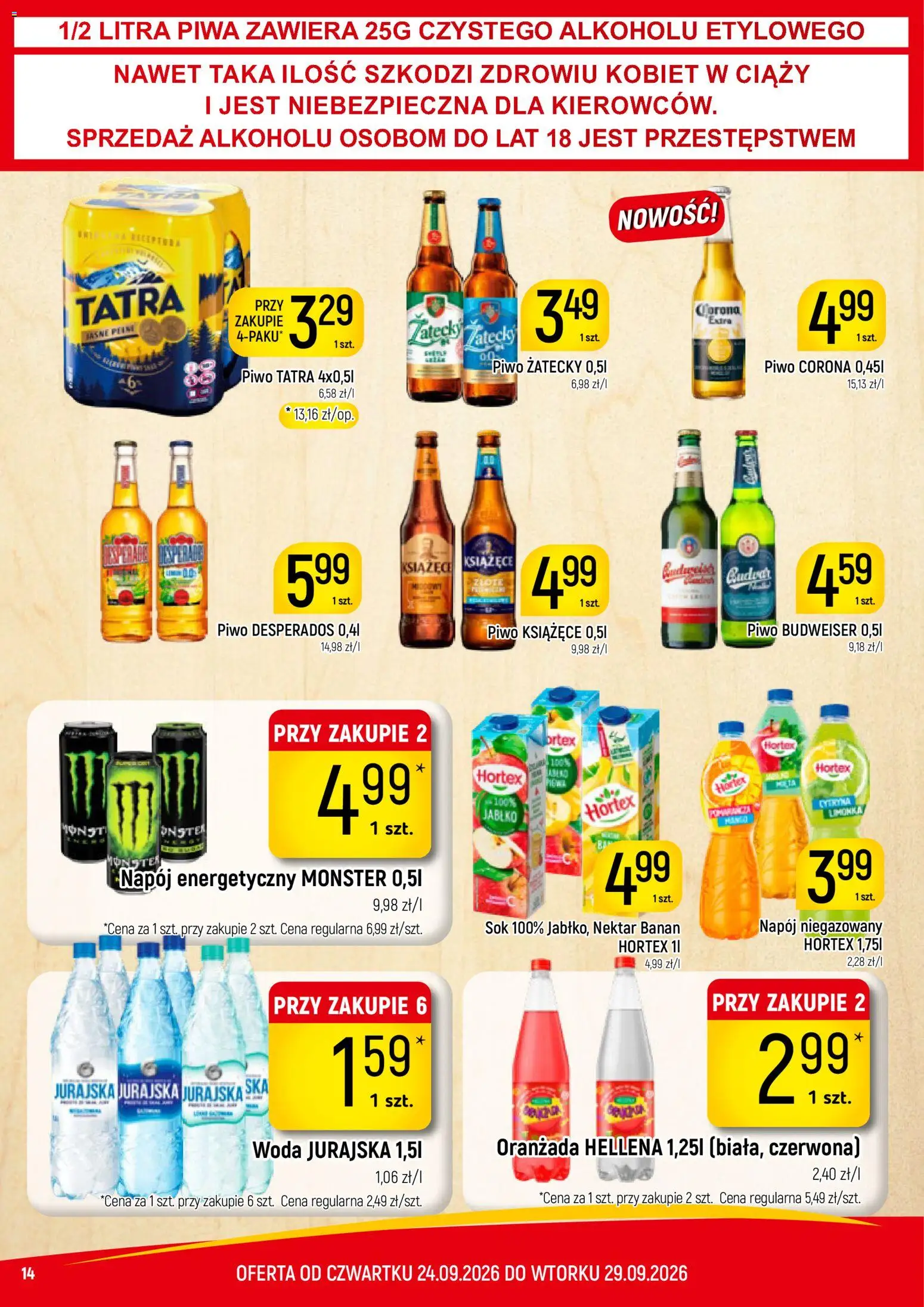 Piotruś Pan gazetka od 24.09.2026 | Strona: 14 | Produkty: Piwo Budweiser, Napój energetyczny, Piwo książęce, Desperados