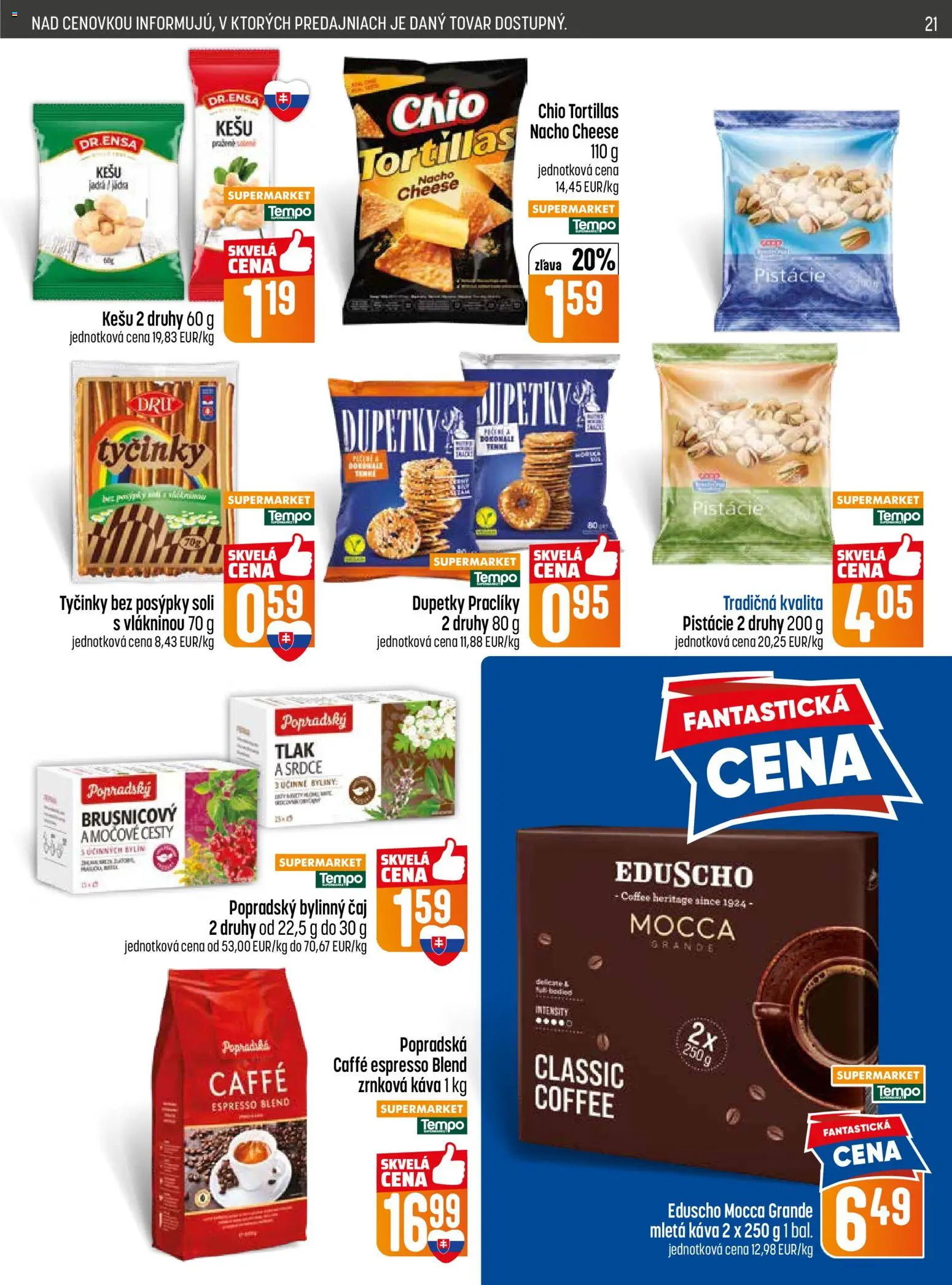 Nové COOP Jednota akcie – leták je platný od 14.05.2026 | Strana: 21 | Produkty: Káva, Čaj, Pistácie, Zrnková káva