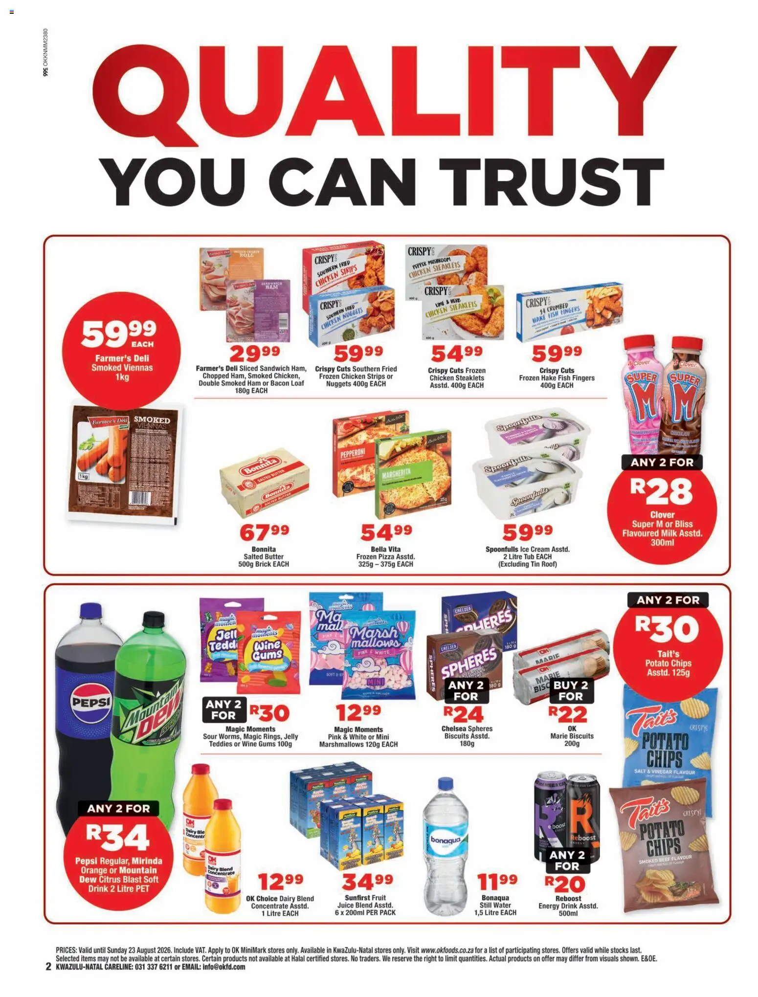 New OK Foods catalogue – valid from 12/08/2026 | Page: 2 | Products: Biscuits, Juice, Wine, Water