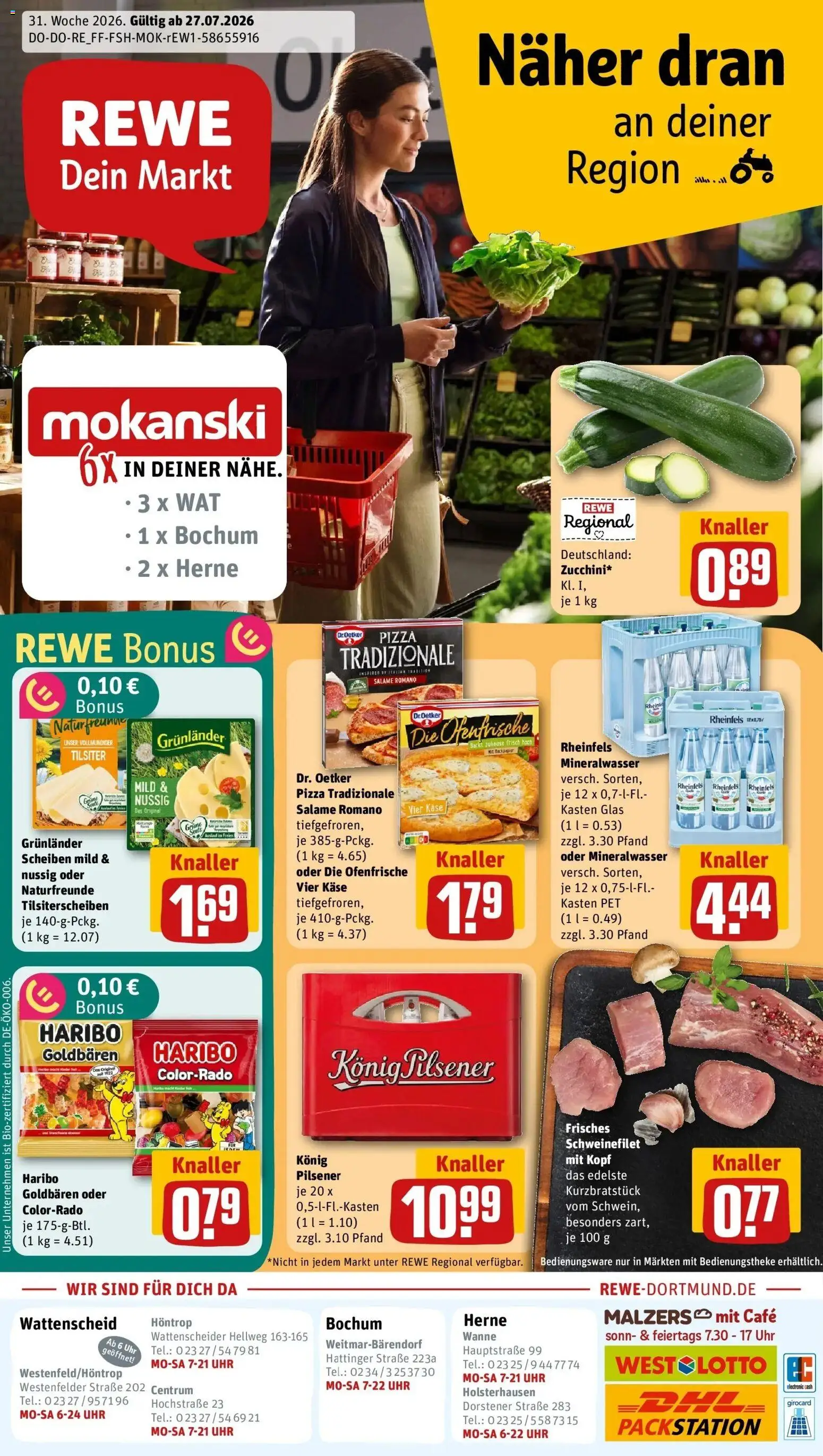 Rewe Prospekt Bochum – gültig ab 27.07.2026 | Seite: 1 | Produkte: Käse, Ofenfrische, Mineralwasser, Grunlander