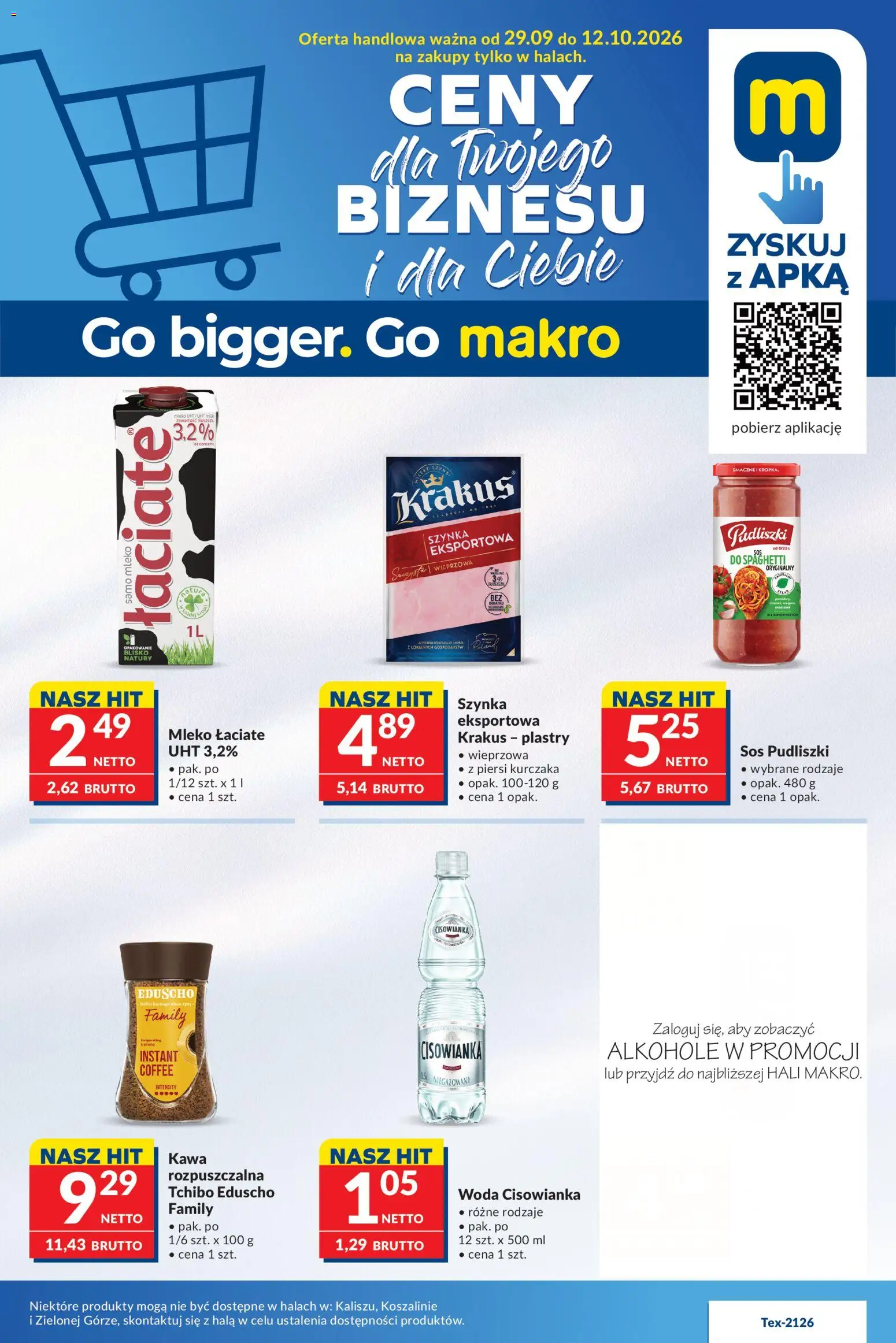 Makro gazetka od 29.09.2026 | Strona: 1 | Produkty: Cisowianka, Spaghetti, Mleko, Woda