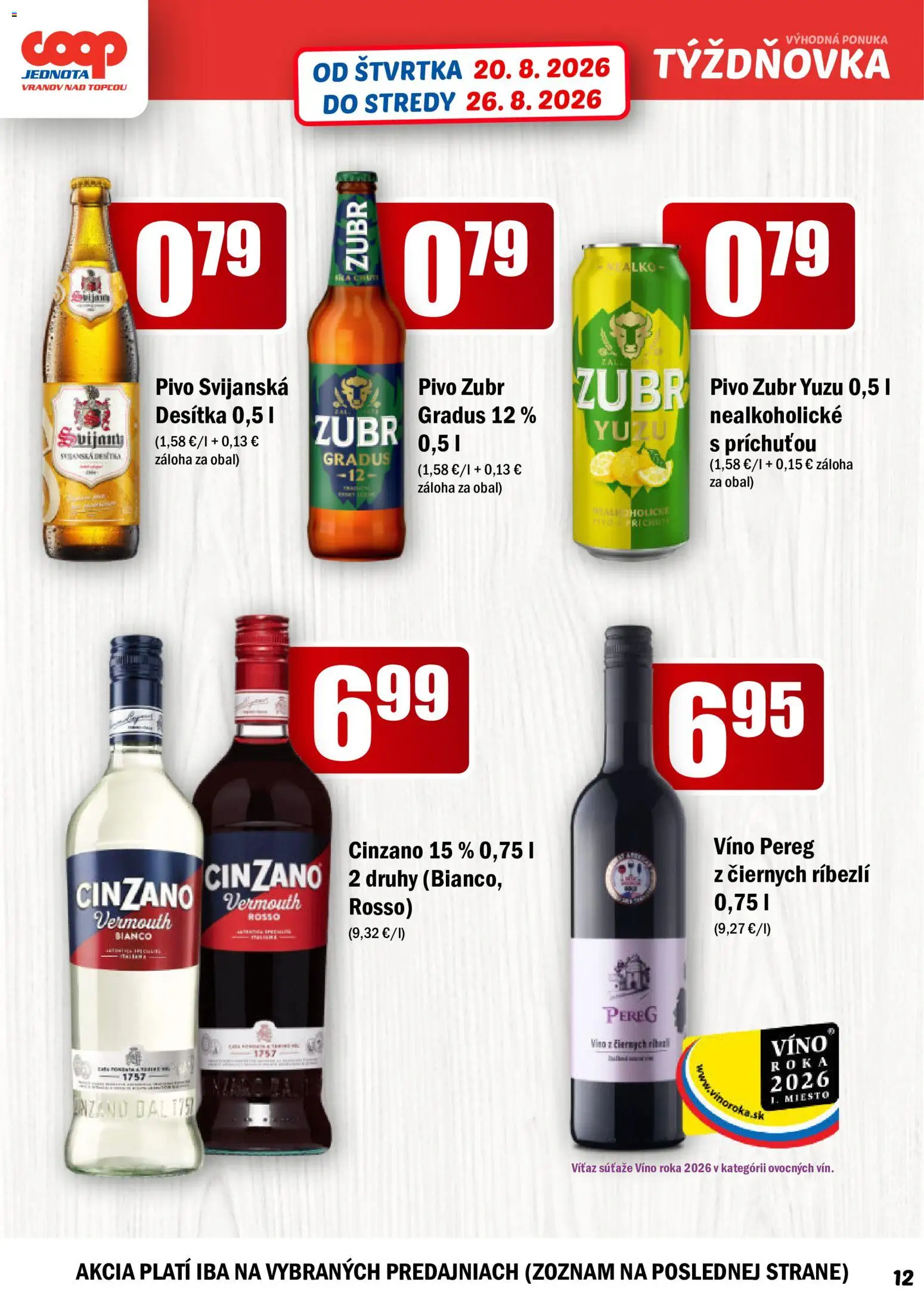 Nové COOP Jednota akcie – leták je platný od 20.08.2026 | Strana: 12 | Produkty: Pivo, Víno, Cinzano, Svijany