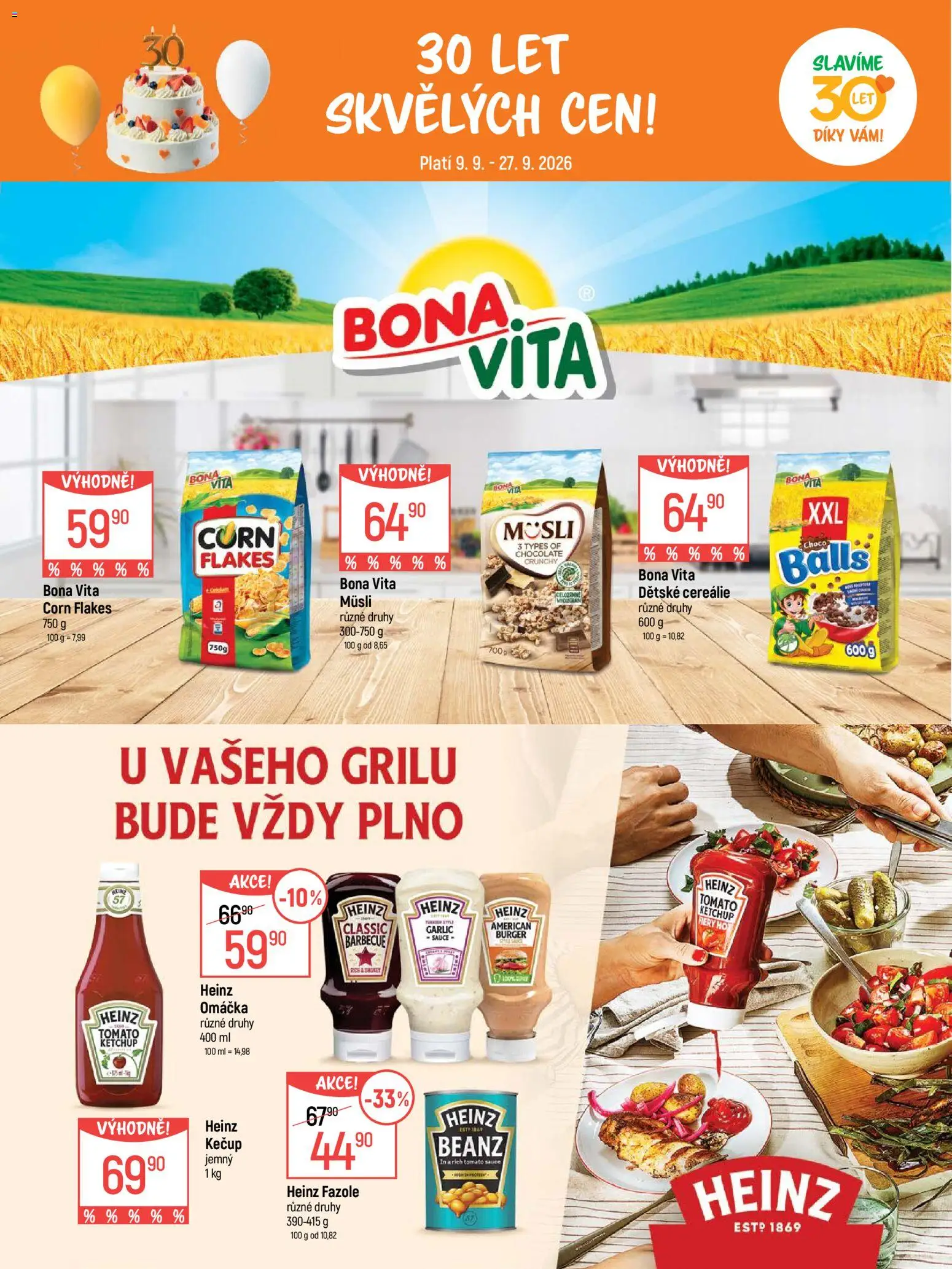 Globus leták - Pomáháme 30 let od 09.09.2026 | Strana: 8 | Produkty: Burger, Cereálie, Kečup, Heinz fazole