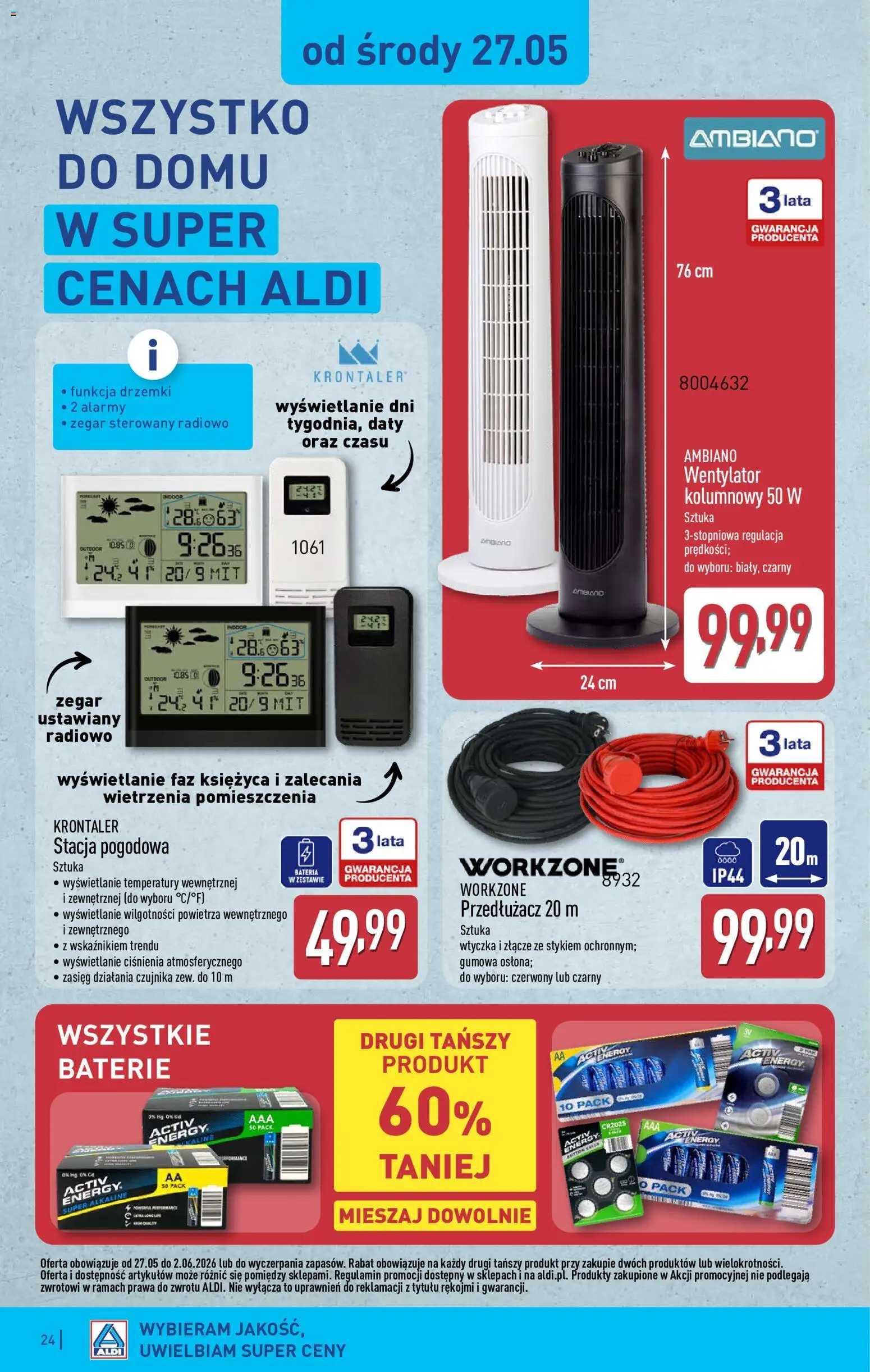 Aldi gazetka od 25.05.2026 | Strona: 24 | Produkty: Stacja pogodowa, Baterie, Przedłużacz, Bateria