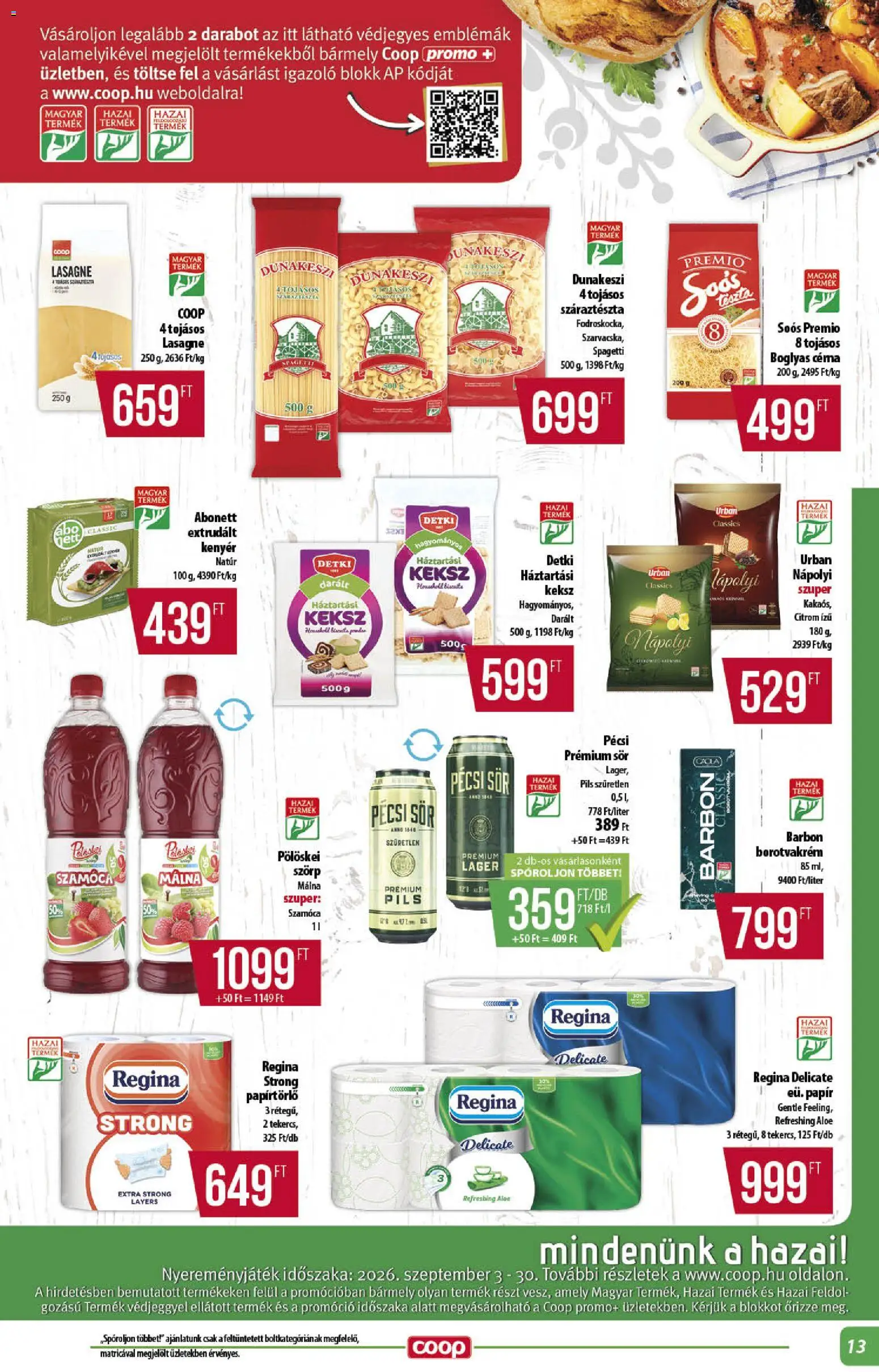 COOP akciós ujság - amely érvényes a következő dátumtól: 2026.09.17. | Oldal: 13 | Termékek: Spagetti, Papírtörlő, Lasagne, Nápolyi