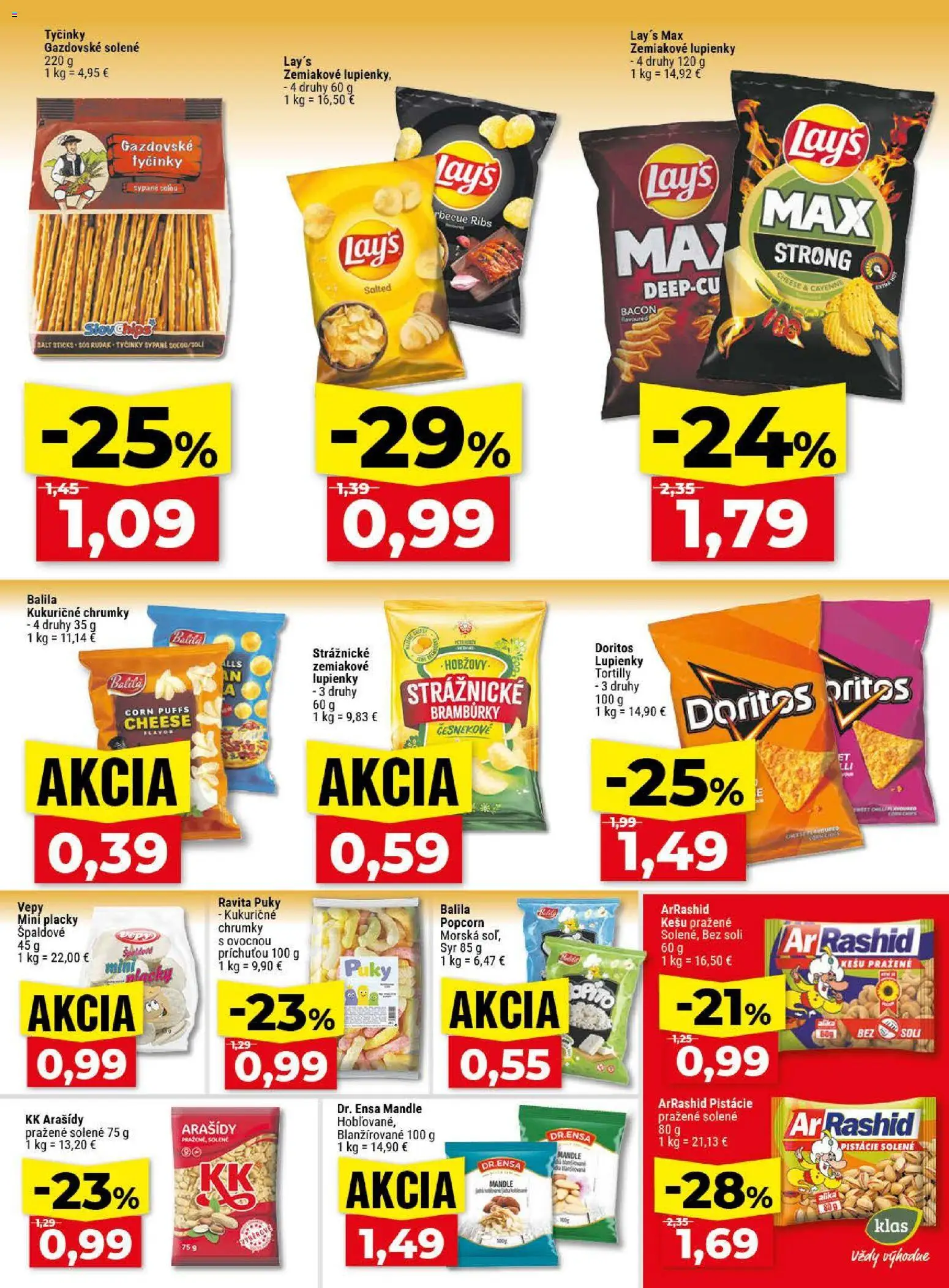 Nové Klas akcie – leták je platný od 04.05.2026 | Strana: 20 | Produkty: Syr, Arašidy, Pistácie, Mandle