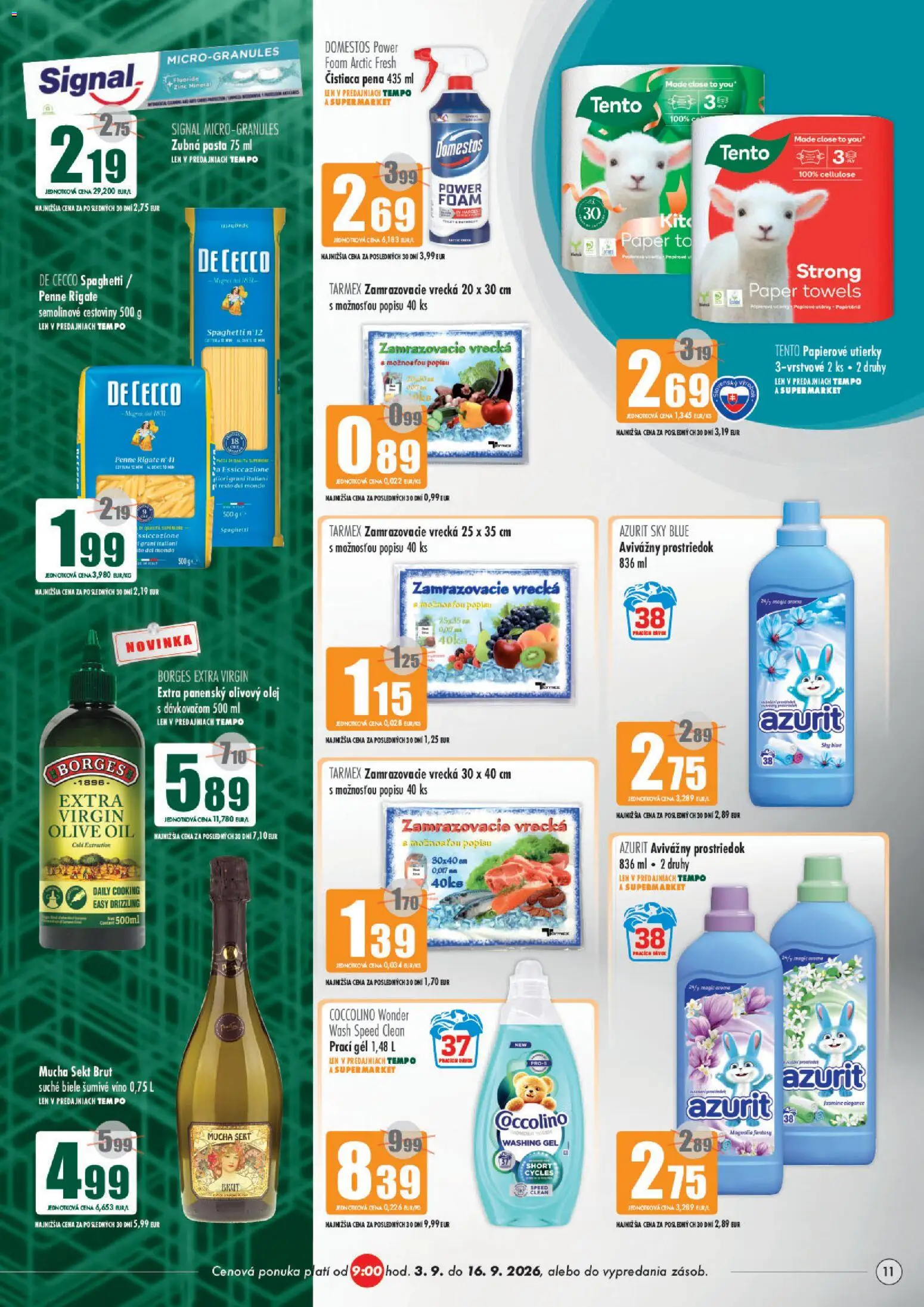 Nové COOP Jednota akcie – leták je platný od 03.09.2026 | Strana: 11 | Produkty: Cestoviny, Šumivé víno, Utierky, Pena