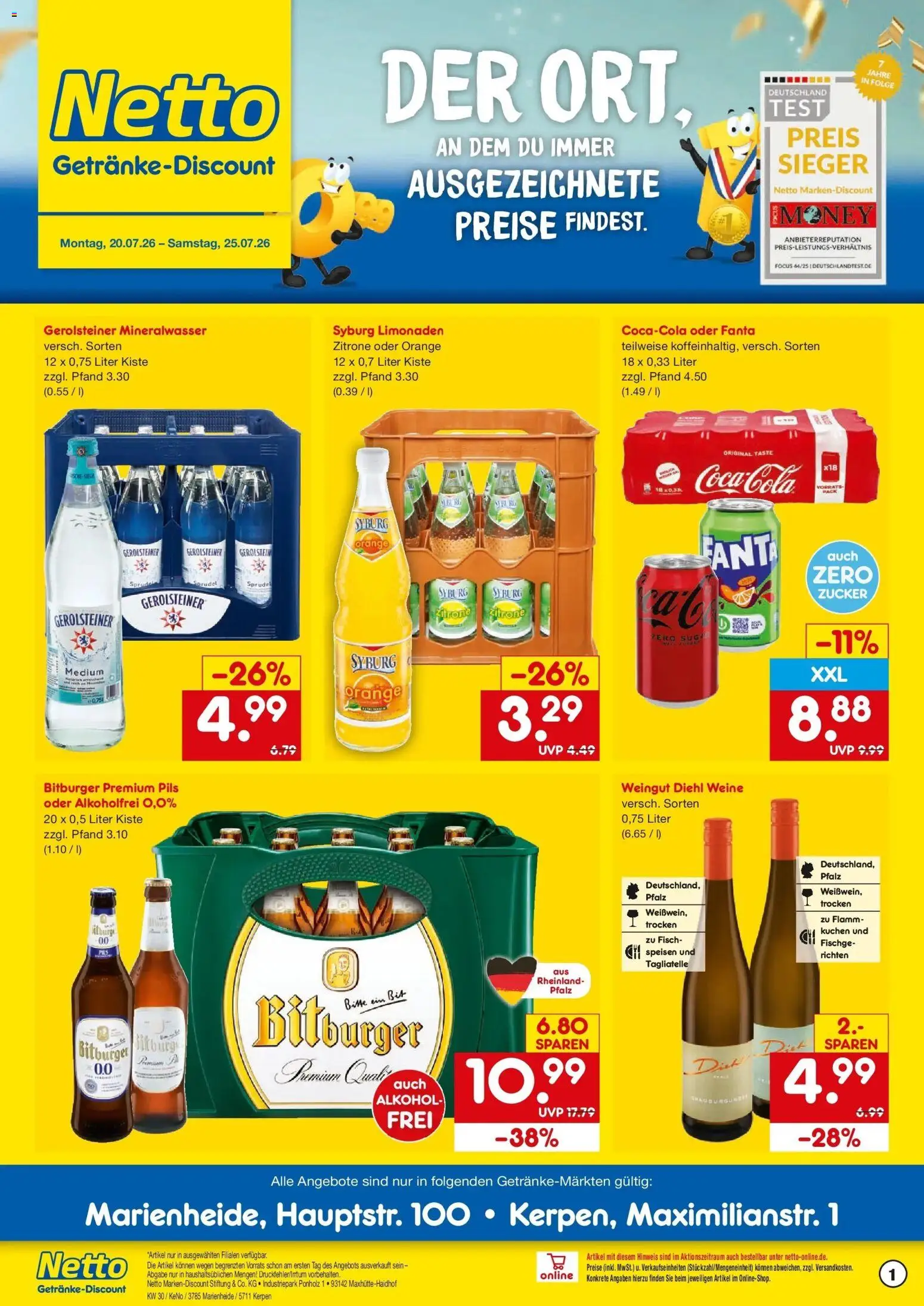 Netto Marken-Discount Prospekt Marienheide – gültig ab 20.07.2026 | Seite: 1 | Produkte: Bitburger, Fanta, Zitrone, Gerolsteiner