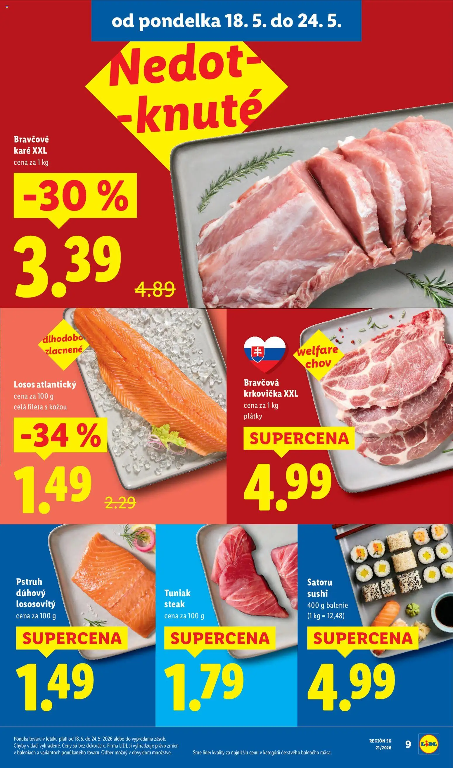 Nové Lidl akcie – leták je platný od 18.05.2026 | Strana: 13 | Produkty: Losos, Krkovička, Steak, Bravčové karé