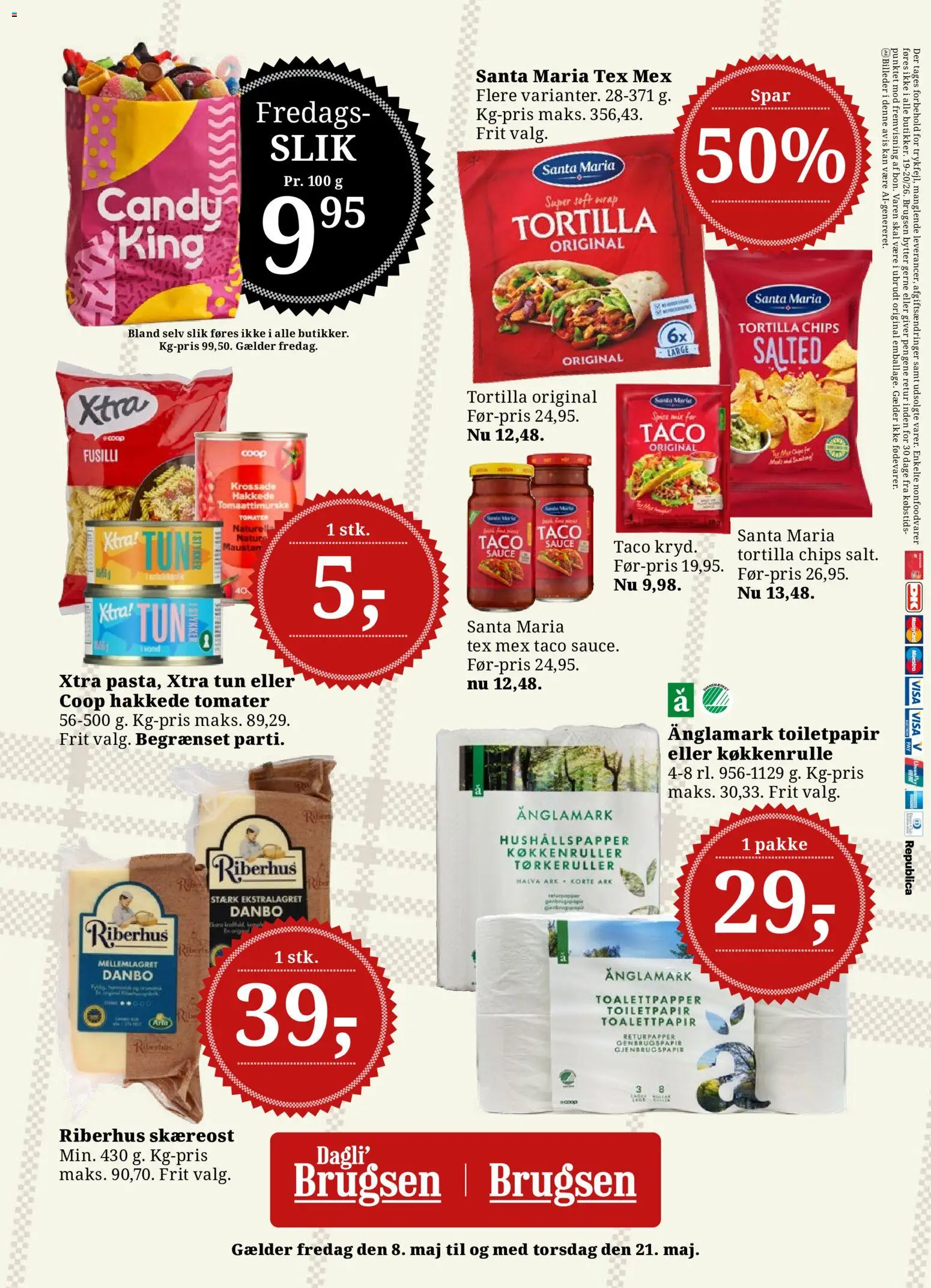Dagli'Brugsen tilbudsavis – gyldig fra 08.05.2026 | Side: 18 | Produkter: Slik, Hakkede tomater, Tun, Taco