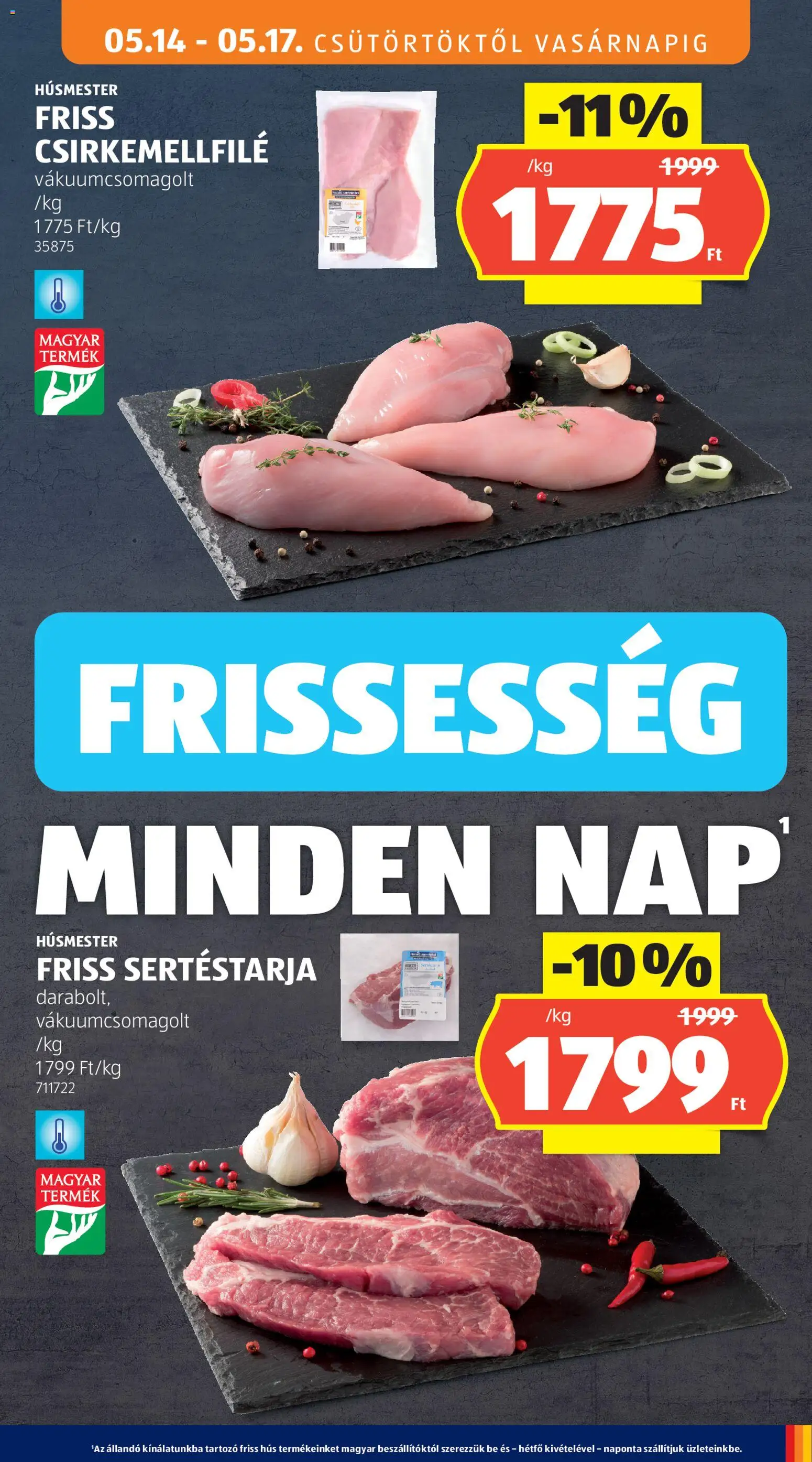 Aldi akciós ujság - amely érvényes a következő dátumtól: 14.05.2026 | Oldal: 11 | Termékek: Sertéstarja, Hús