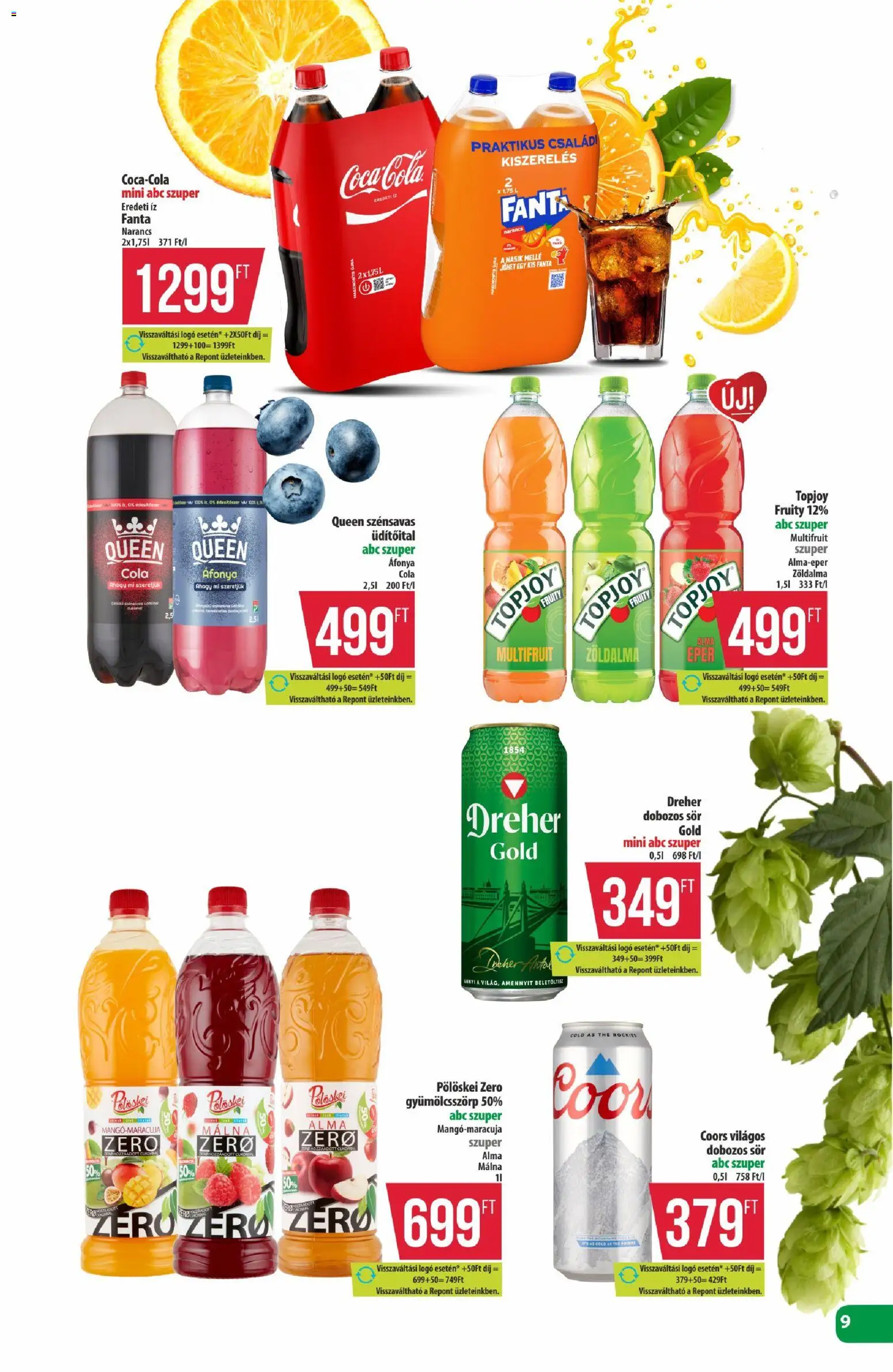 COOP akciós ujság - amely érvényes a következő dátumtól: 2026.09.24. | Oldal: 9 | Termékek: Málna, Fanta, Édesítőszer, Sör