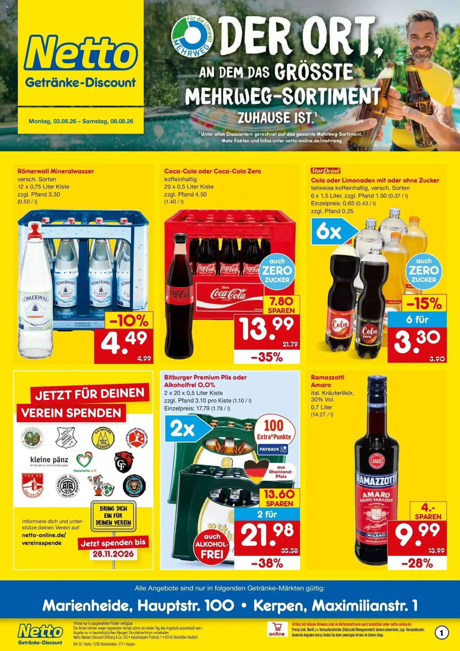Netto Marken-Discount Prospekt Marienheide – gültig ab 03.08.2026 | Seite: 1 | Produkte: Bitburger, Cola, Pils, Ramazzotti