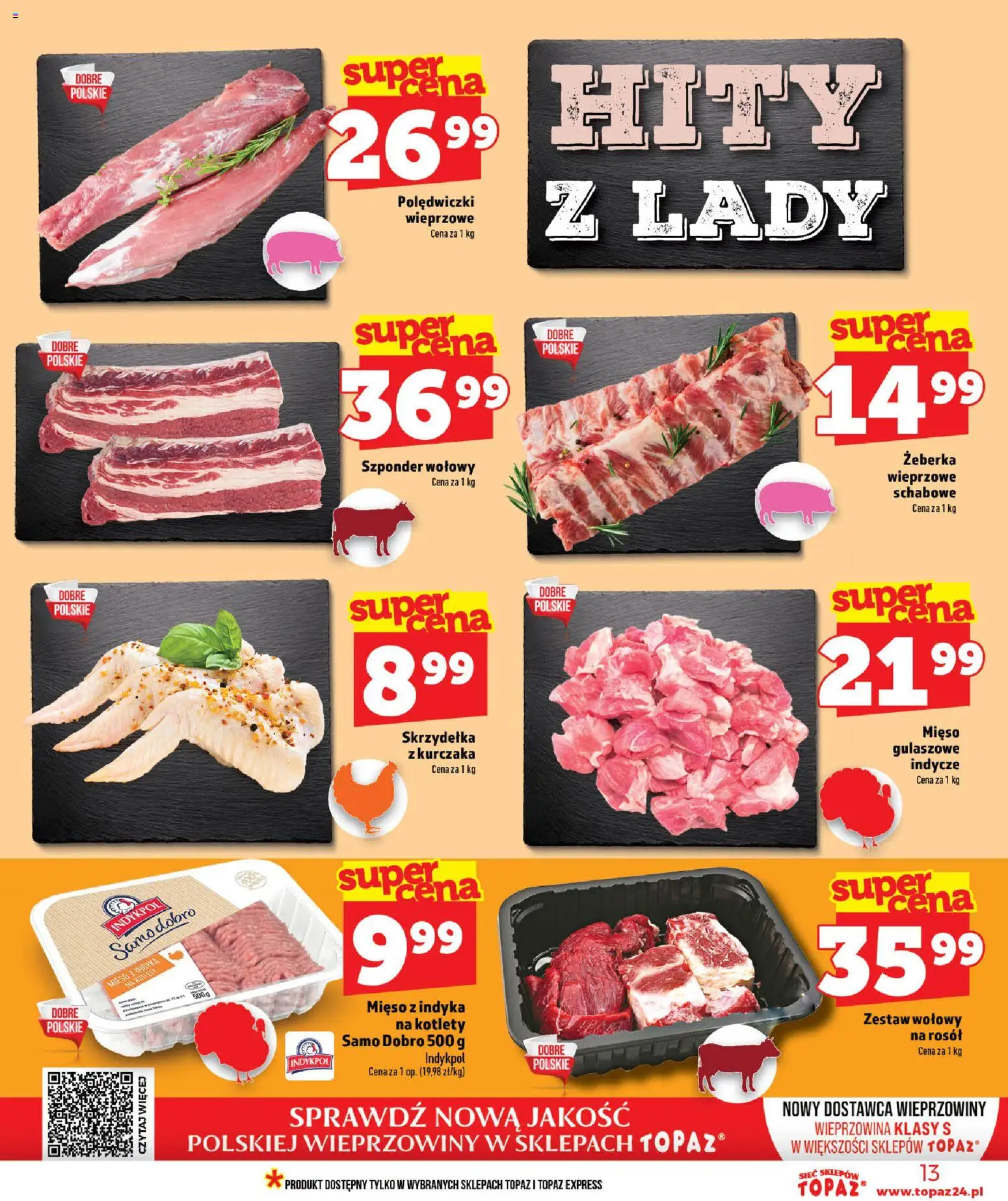 Topaz gazetka - MAZ od 25.06.2026 | Strona: 13 | Produkty: Mięso, Mięso z indyka, Polędwiczki wieprzowe, Kotlety