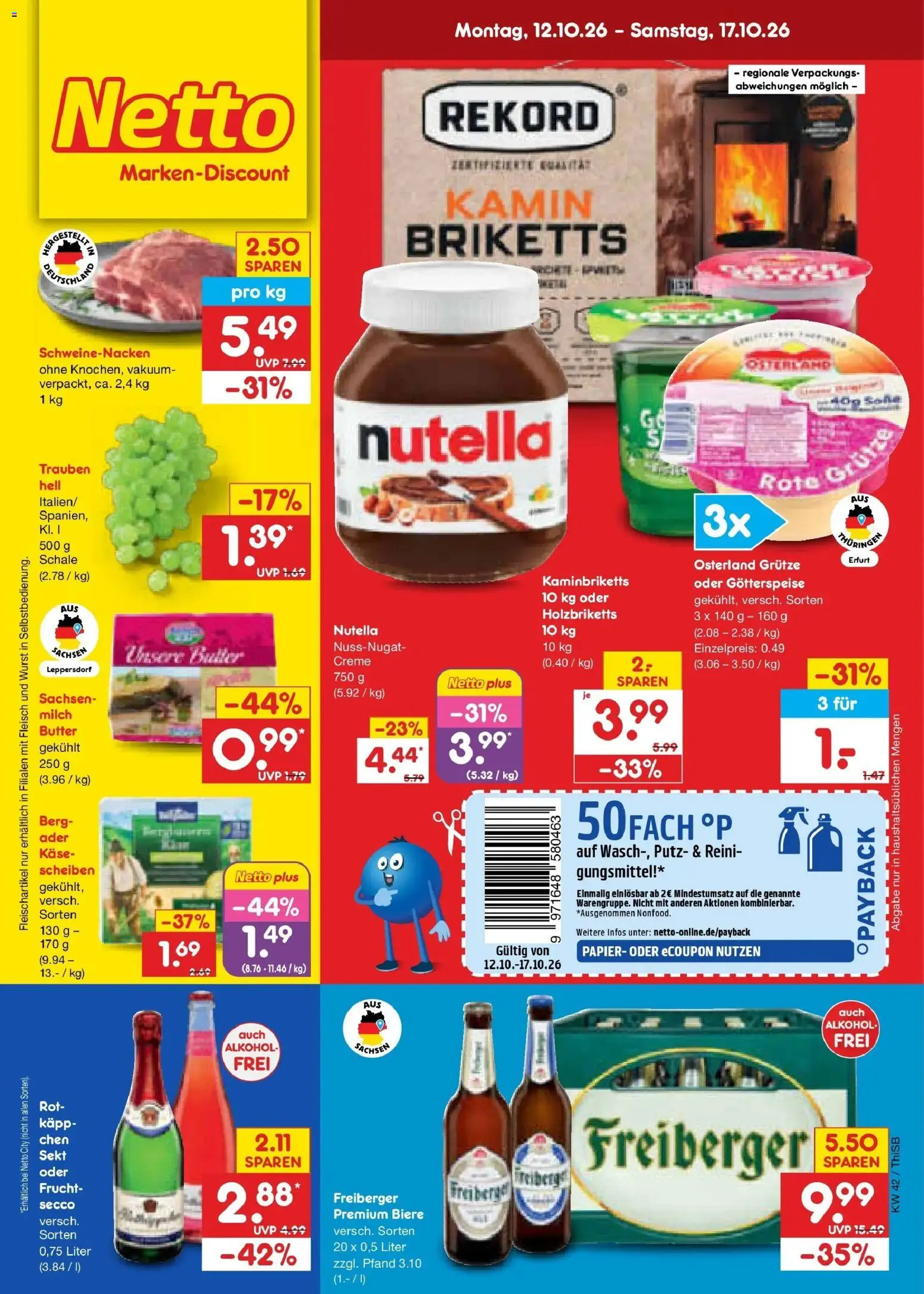 Netto Marken-Discount Prospekt Pirna – gültig ab 12.10.2026 | Seite: 1 | Produkte: Butter, Trauben, Schweinenacken, Wurst