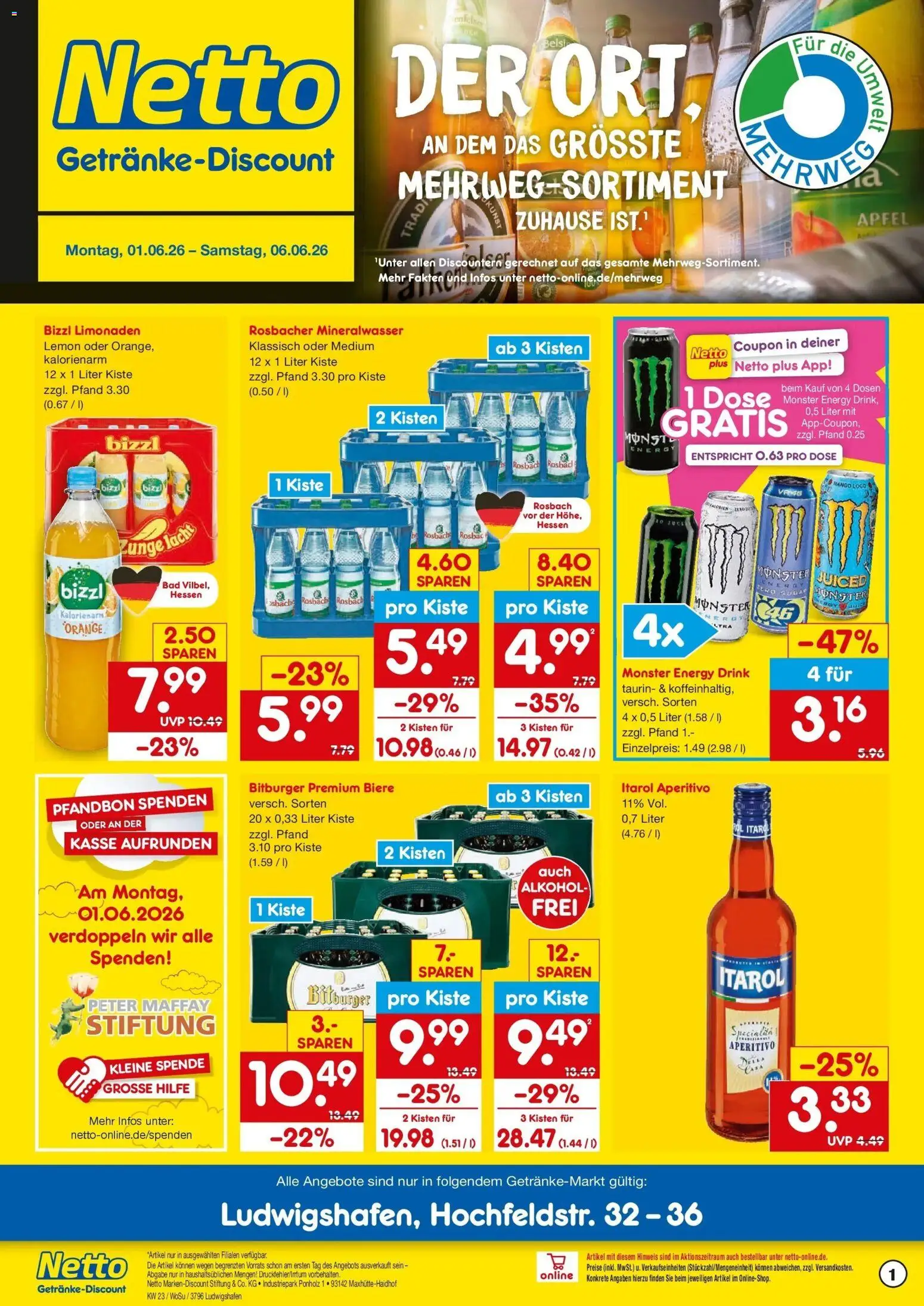 Netto Marken-Discount Prospekt Ludwigshafen – gültig ab 01.06.2026 | Seite: 1 | Produkte: Bitburger, Bad, Äpfel, Mineralwasser