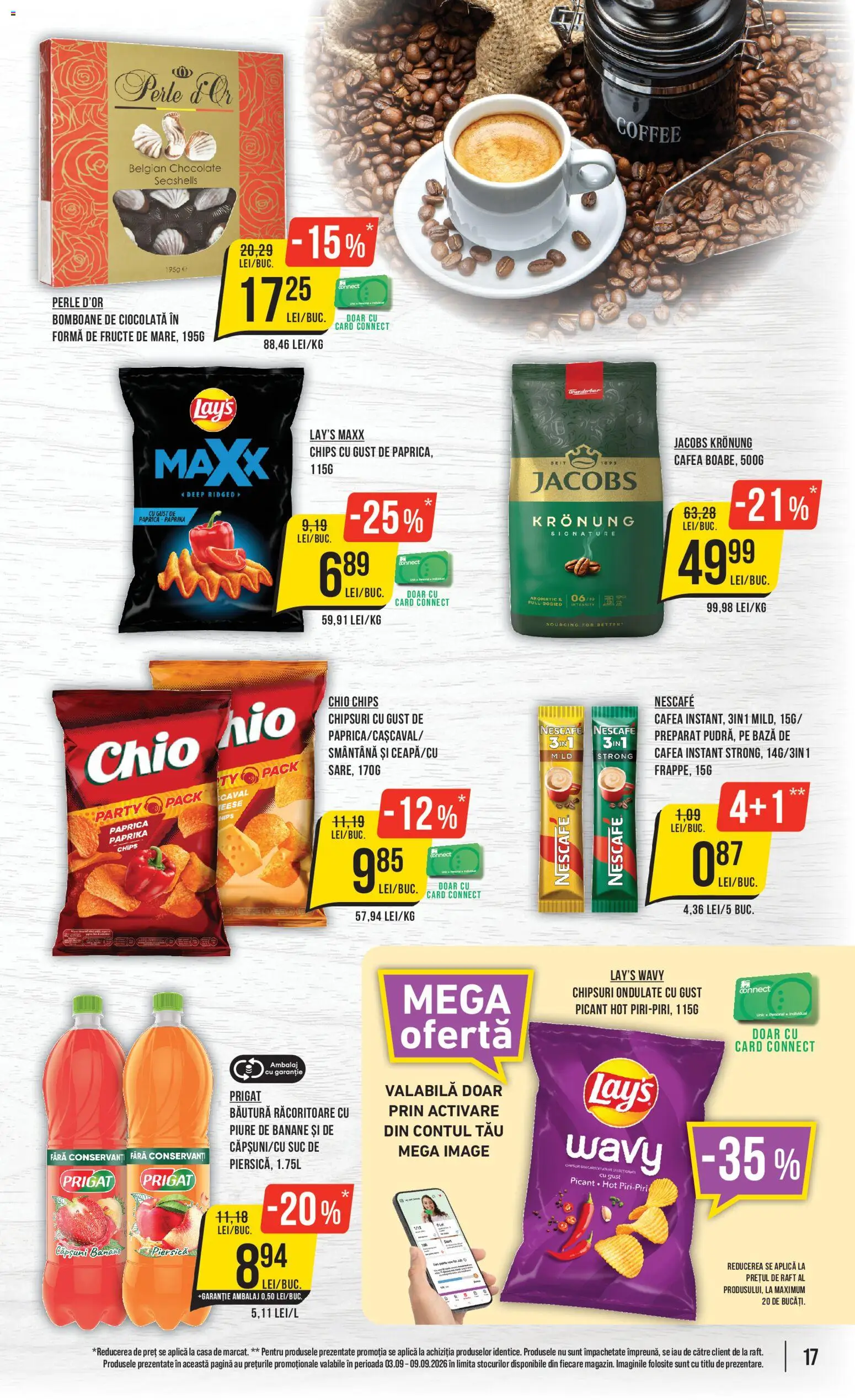 Noul catalog Mega Image – valabil de la 03.09.2026 | Pagină: 17 | Produse: Aplică, Raft, Ciocolată, Banane