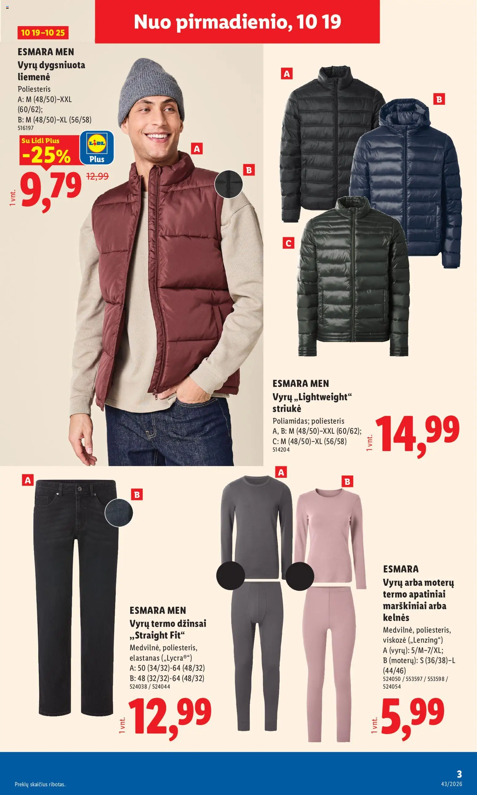 LIDL akcijos nuo 2026.10.19 | Puslapis: 3 | Prekių: Džinsai, Marškiniai, Liemenė, Kelnes